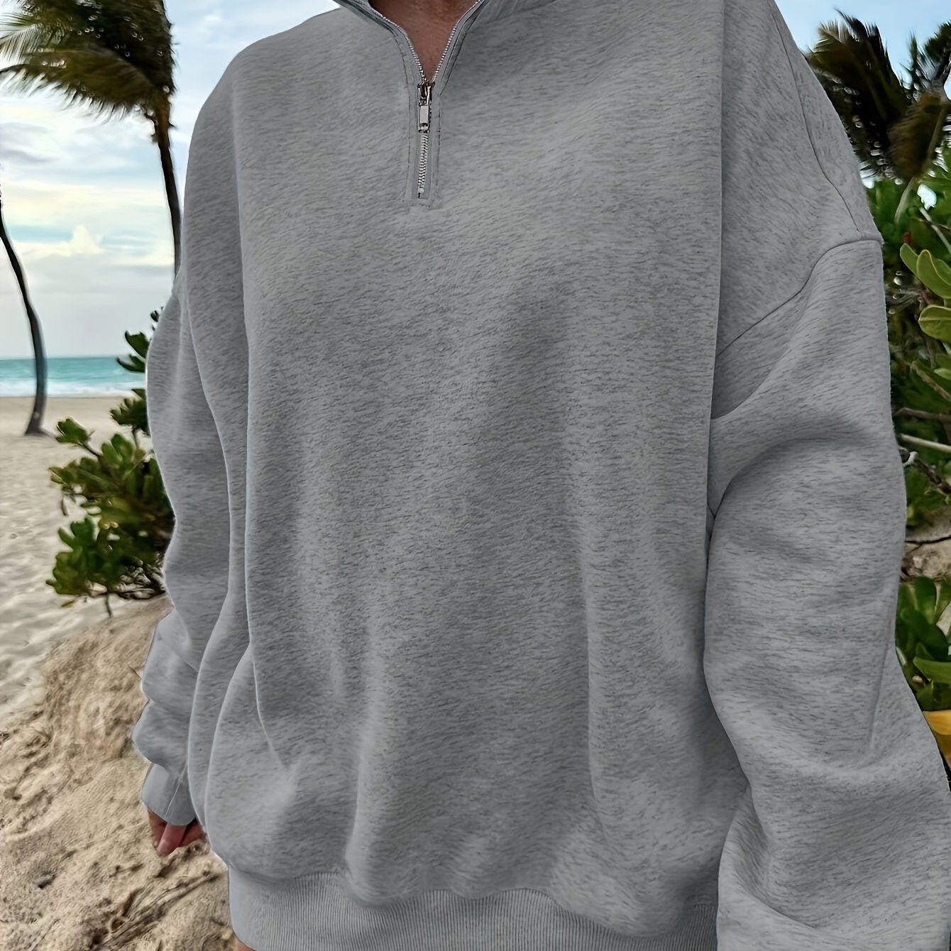Women's Casual Heather Gray Half-Zip Sweatshirt - Soft Polyester & Elastane Blend, Long Sleeve, Stand Collar, Machine Washable - Perfect for Spring/Fall