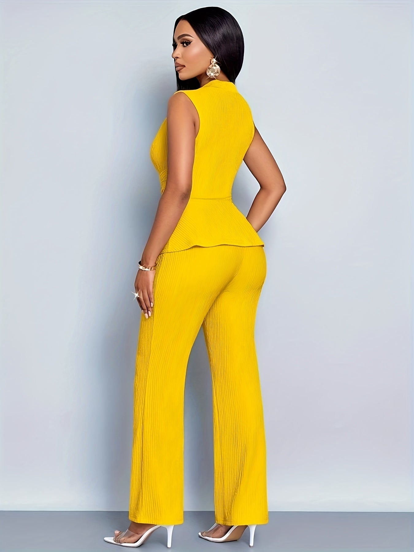 Women's Elegant V-Neck Sleeveless T-Shirt and Wide-Leg Pants Two-Piece Set, Asymmetrical Hem Casual Spring/Summer Outfit