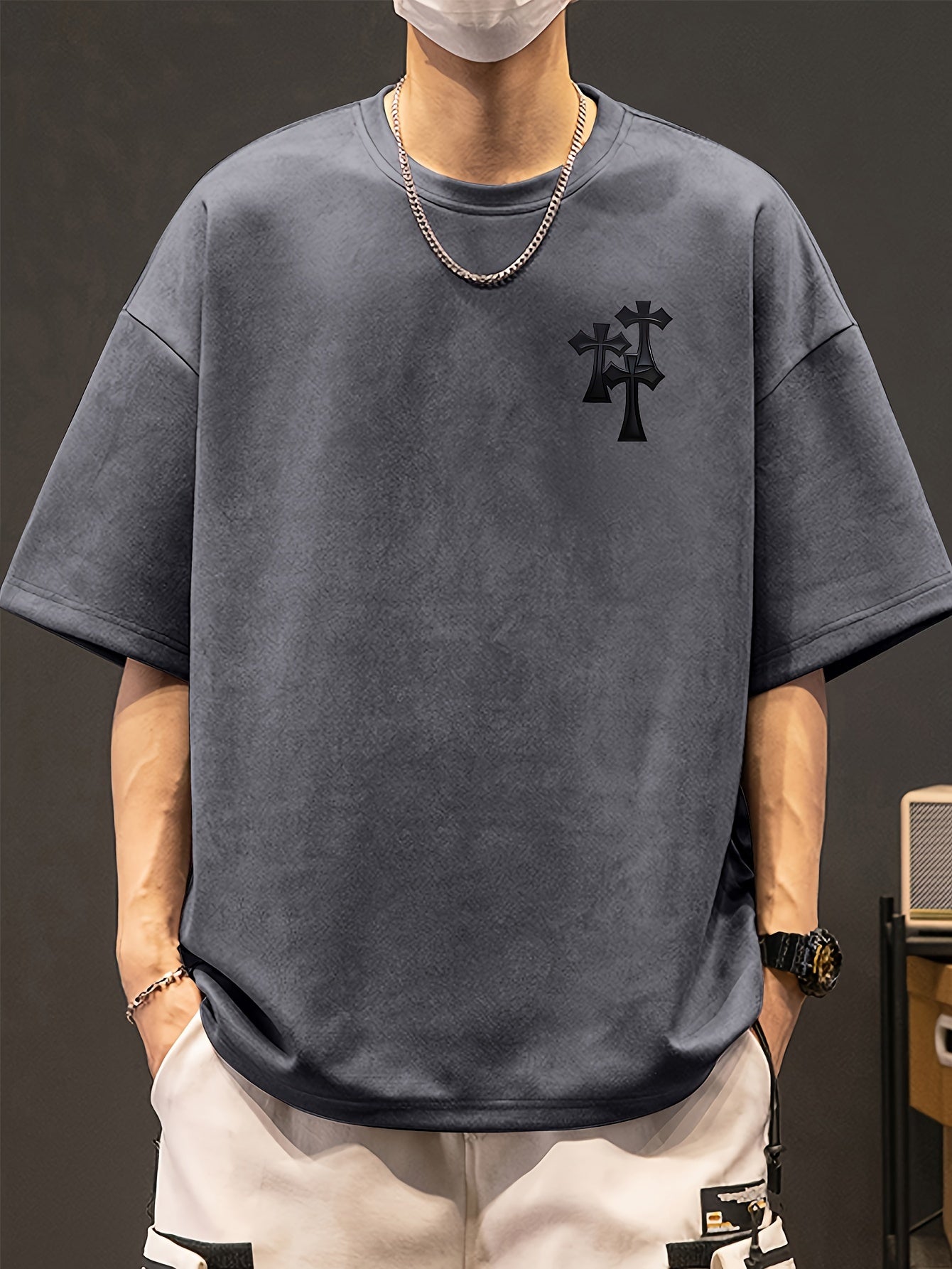Men's Casual Black Suedette Short-Sleeve T-Shirt with Print Cross Design - Soft, Loose Fit, Round Neck, Summer Tee for Adults, Summer Casual Wear | Casual Shirt | Faux Suedette Texture
