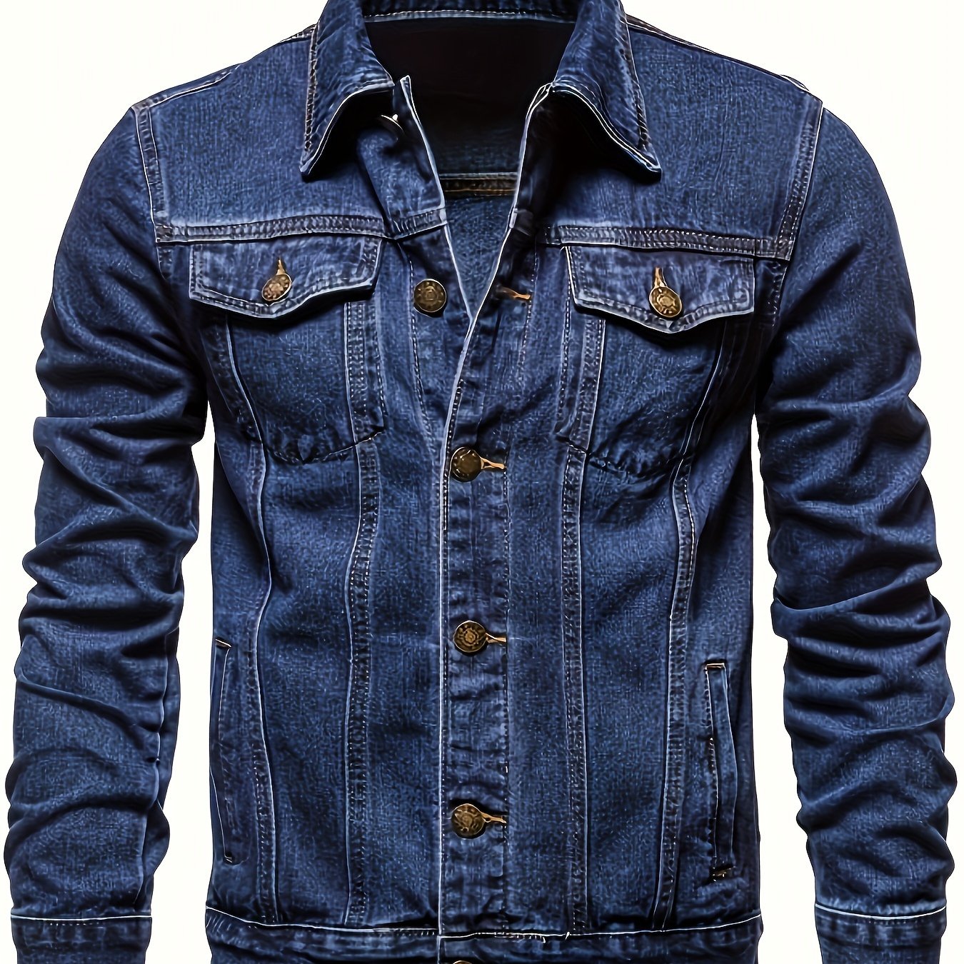 Men's Chic Washed Denim Jacket, Casual Street Style Button Up Contrast Stitching Jacket For Fall Winter