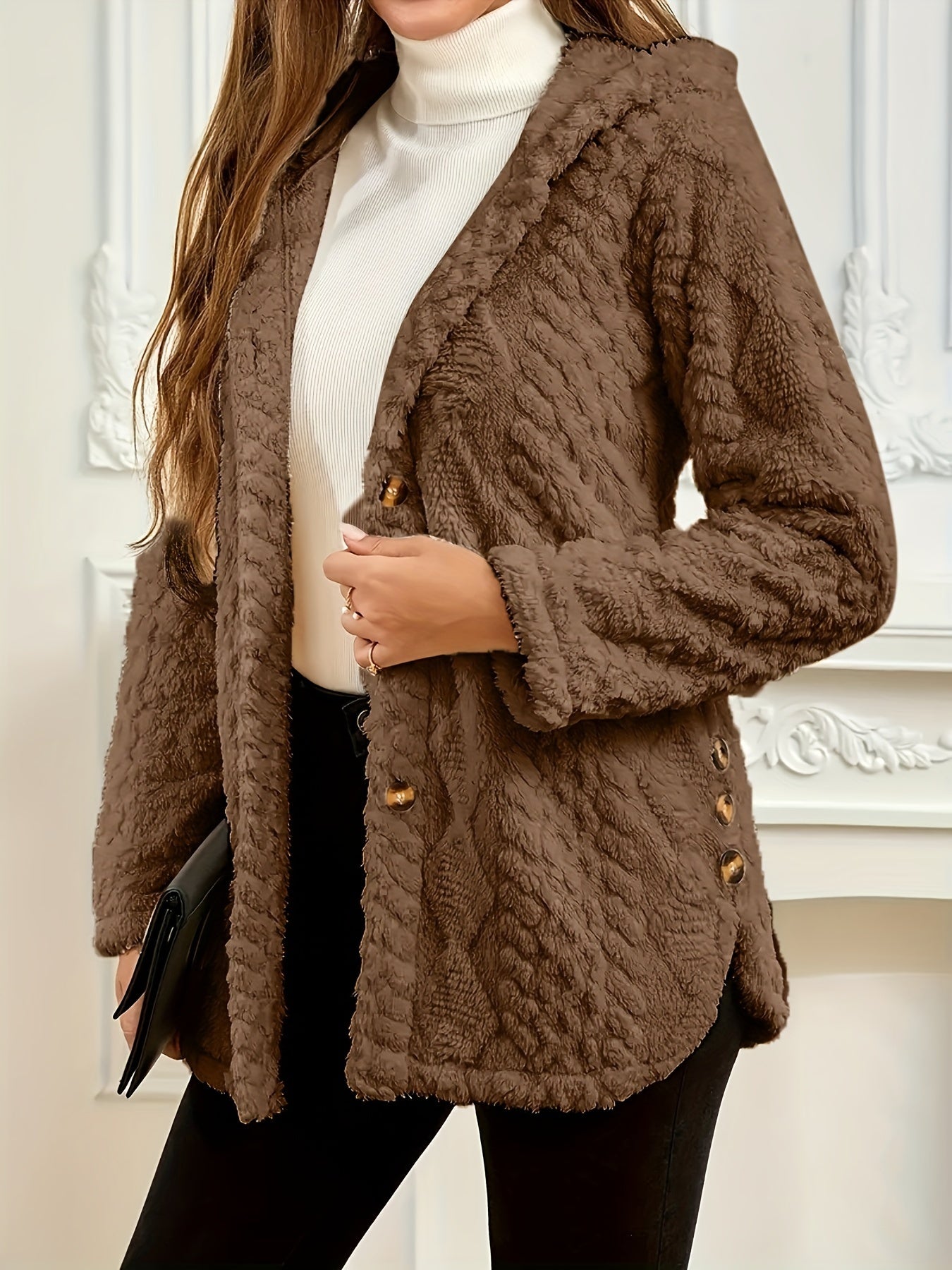 Elegant Pink Faux Fur Coat for Women - Chic Button-Front Hooded Jacket with Sleek Collar, Long Sleeves, and Ribbed Detailing - Perfect for Fall & Winter, Hand or Dry Clean Only