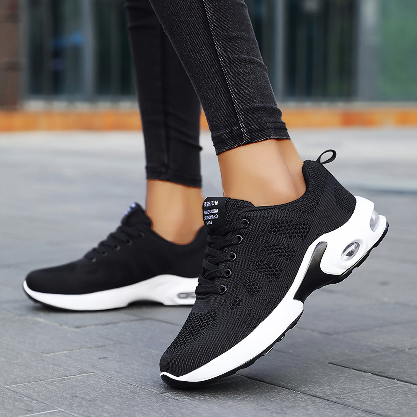 Women's Breathable Knit Running Shoes with Air Cushion - Lightweight Casual Sneakers, Black Mesh Upper, Comfortable Low-Top Design for All-Day Wear