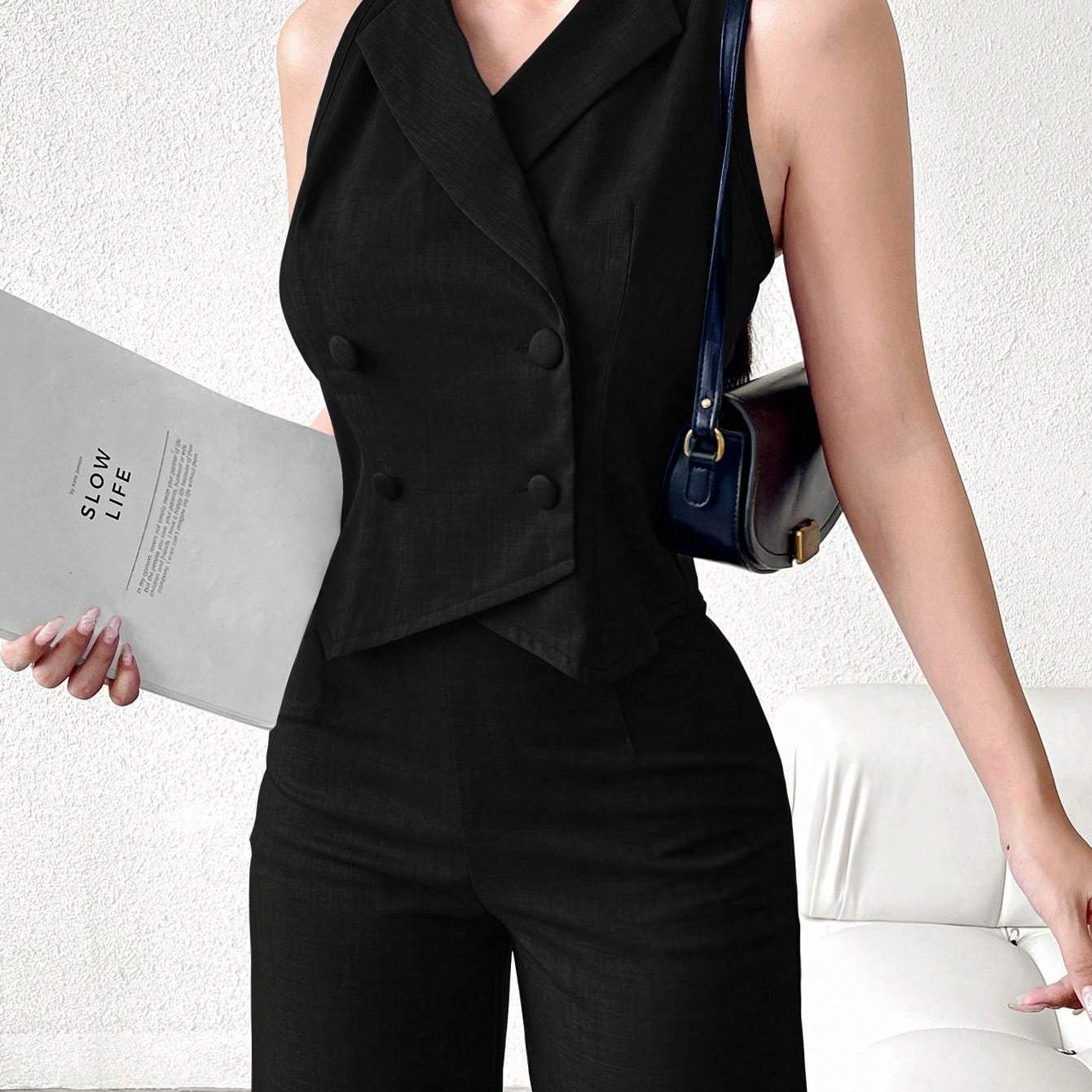 Women's Elegant Double-Breasted Suit Jacket Trousers