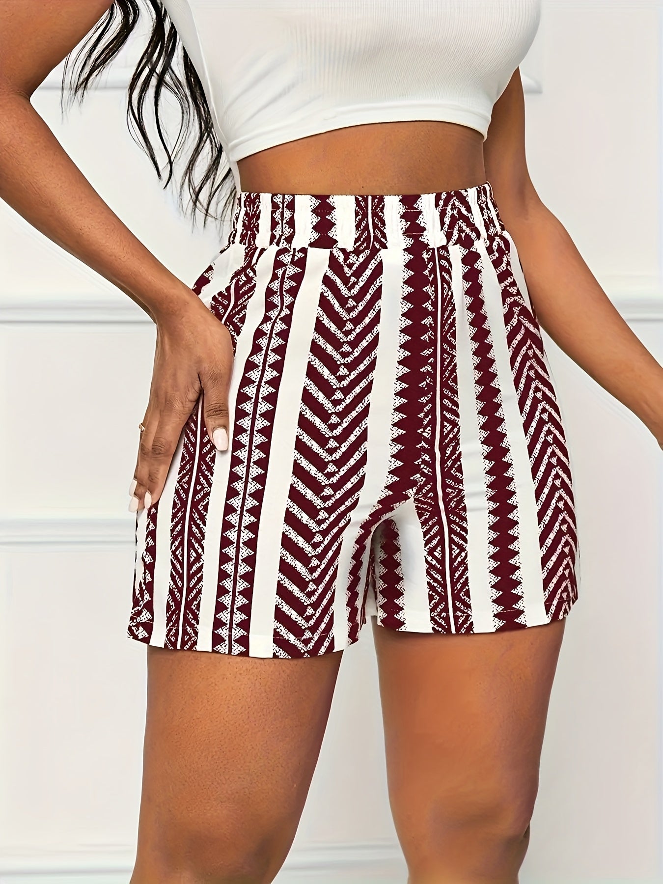 Women's Summer Striped Print Shorts - Vacation Elastic Waist, Lightweight Polyester Blend, Machine Washable, Maroon and White, Resort Fashion|Striped Pattern|Lightweight Fabric