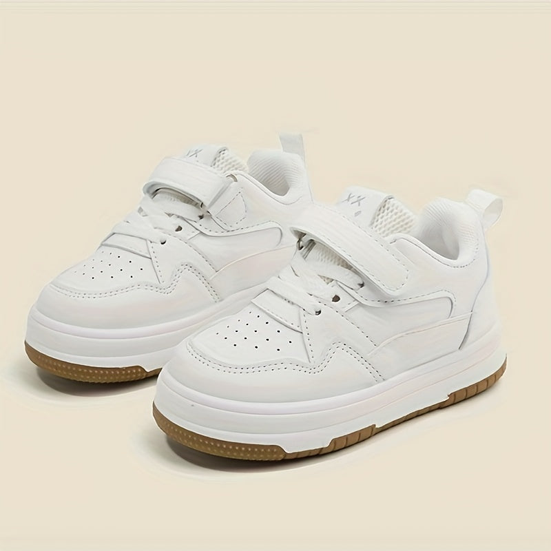 Preppy Style Solid Color Casual All-Season Low Top Sneakers for Boys and Girls with Adjustable Strap Closure, PU Upper, Fabric Lining, and Durable Rubber Sole, Perfect for Daily Wear & School Under 14 Years - White