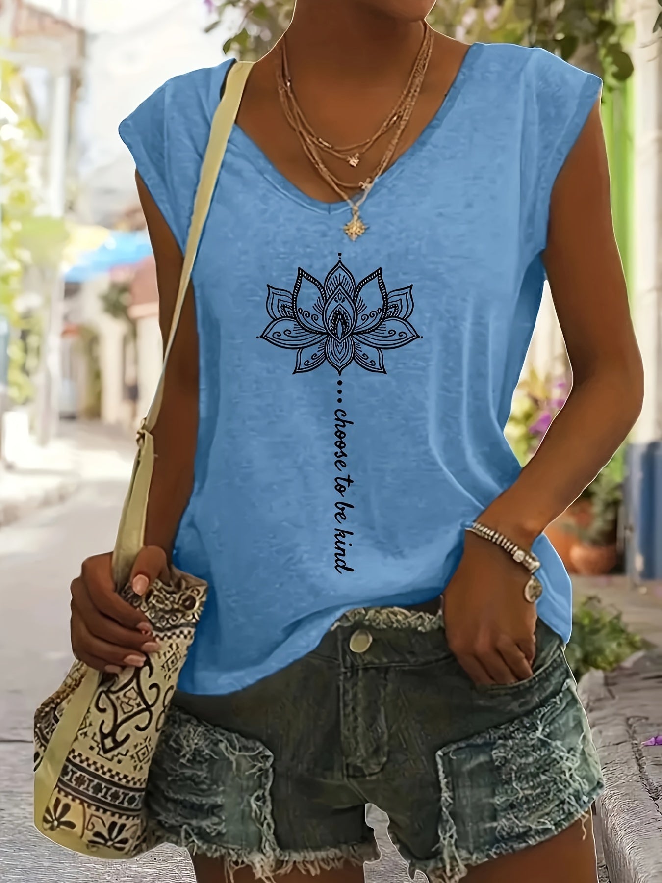 WISH Quick Deal: Ebye Spring/Summer 2024 - Women's Light Blue V-Neck T-Shirt with Inspirational for Lotus & Letter Print, Casual Loose Fit, Rayon Blend, Machine Washable