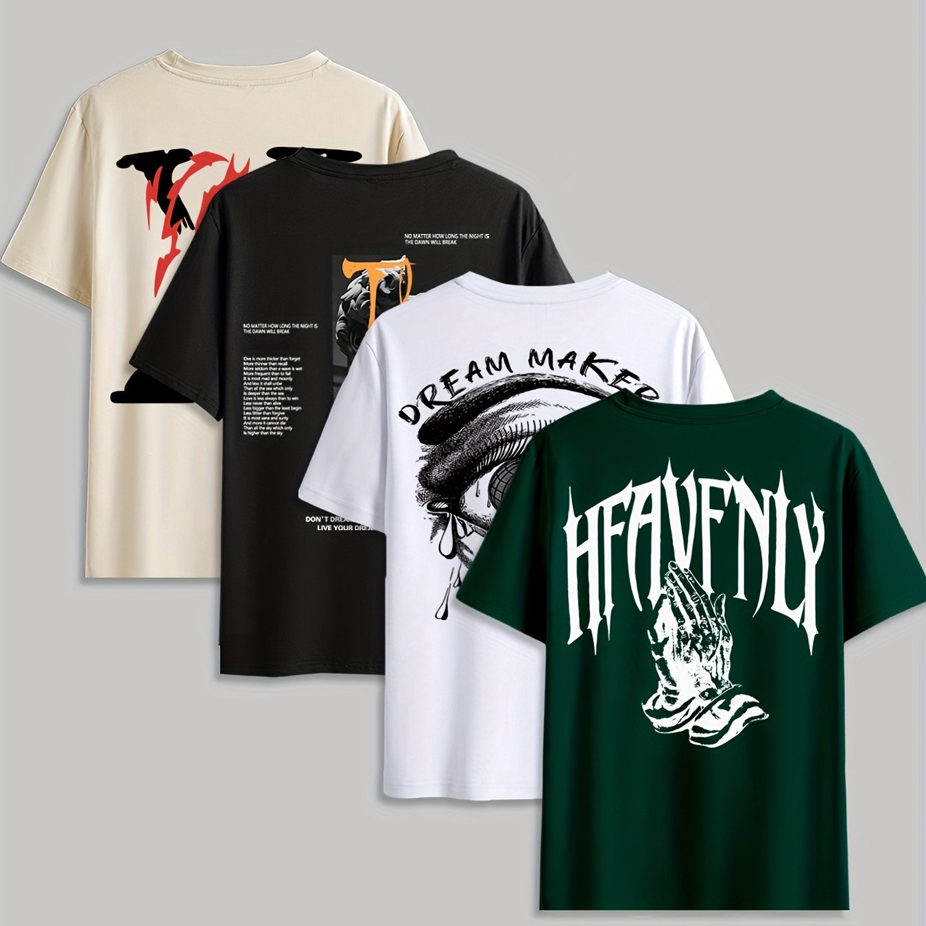 4pcs Men's Graphic Tees - "Heavenly" More Designs, Casual Crew Neck Short Sleeve T-Shirts in Beige, Black, White - Lightweight Polyester for Summer Outdoor Wear