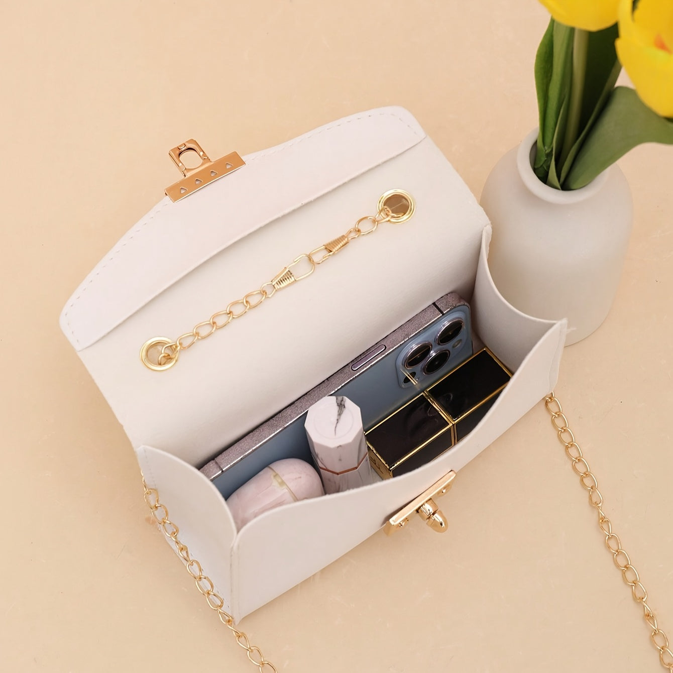 1pc Elegant Crossbody Bag with Soft Plush Handle, Solid Color Casual Messenger Bag with Removable Strap and Turn-Lock Closure for Daily Use, Small Crossbody Bag