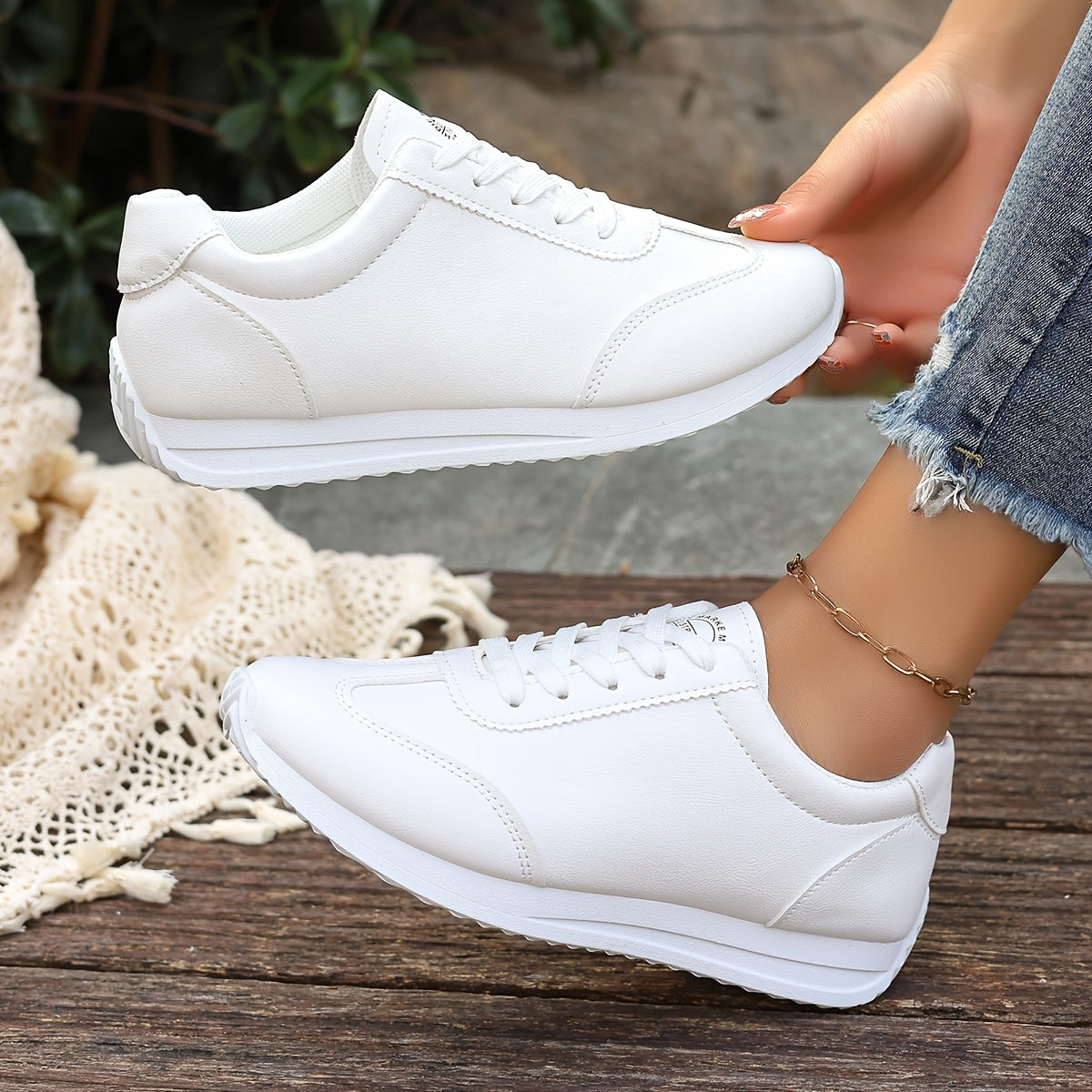 Women's Lightweight Casual Sneakers - White Synthetic Leather, All-Season Comfort, Stability Support, Breathable Fabric Lining, TPR Sole, Perfect for Casual Attire, Cute Shoes