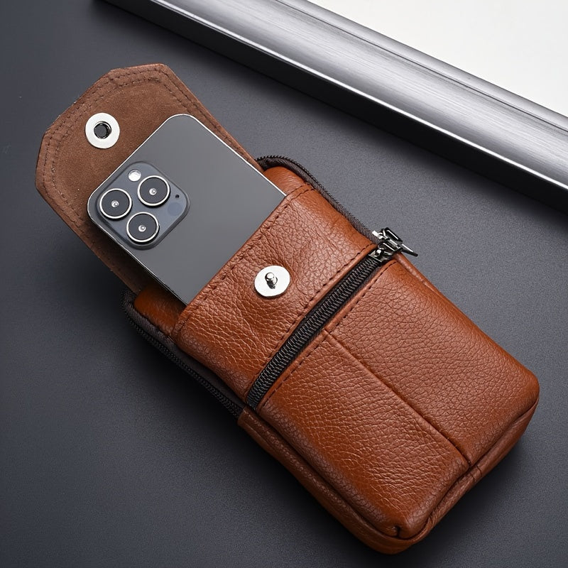 1pc Genuine Leather Cowhide Men's Waist Bag, Multi-Functional Zippered Phone Pouch with Adjustable Strap and Spacious Compartments for Work & Daily Use, Casual Style Top Layer Leather Fanny Pack
