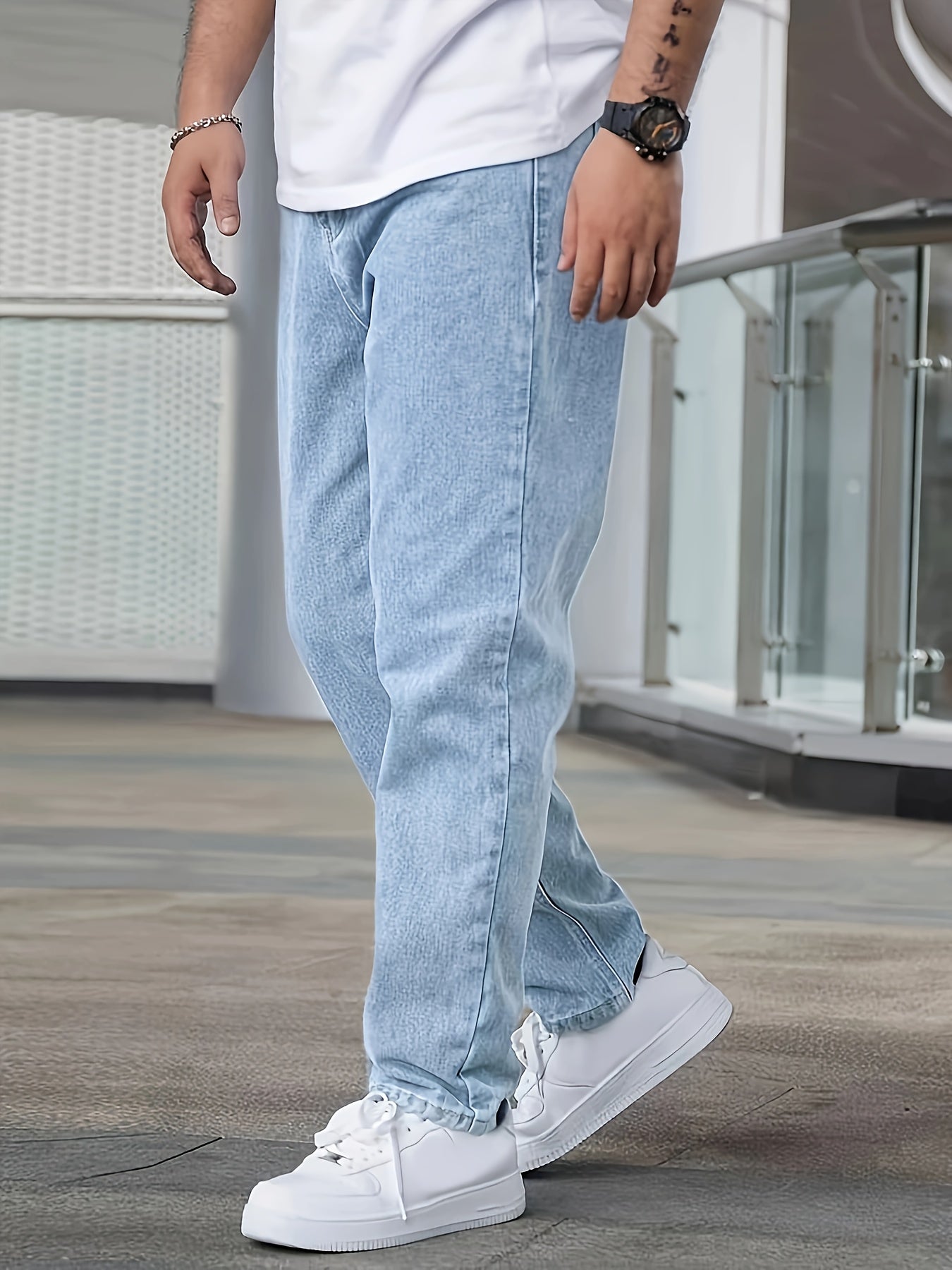 Men's Casual Straight Leg Blue Jeans - Cotton Blend, Non-Stretch Denim, Machine Washable, Classic Fit for All Seasons