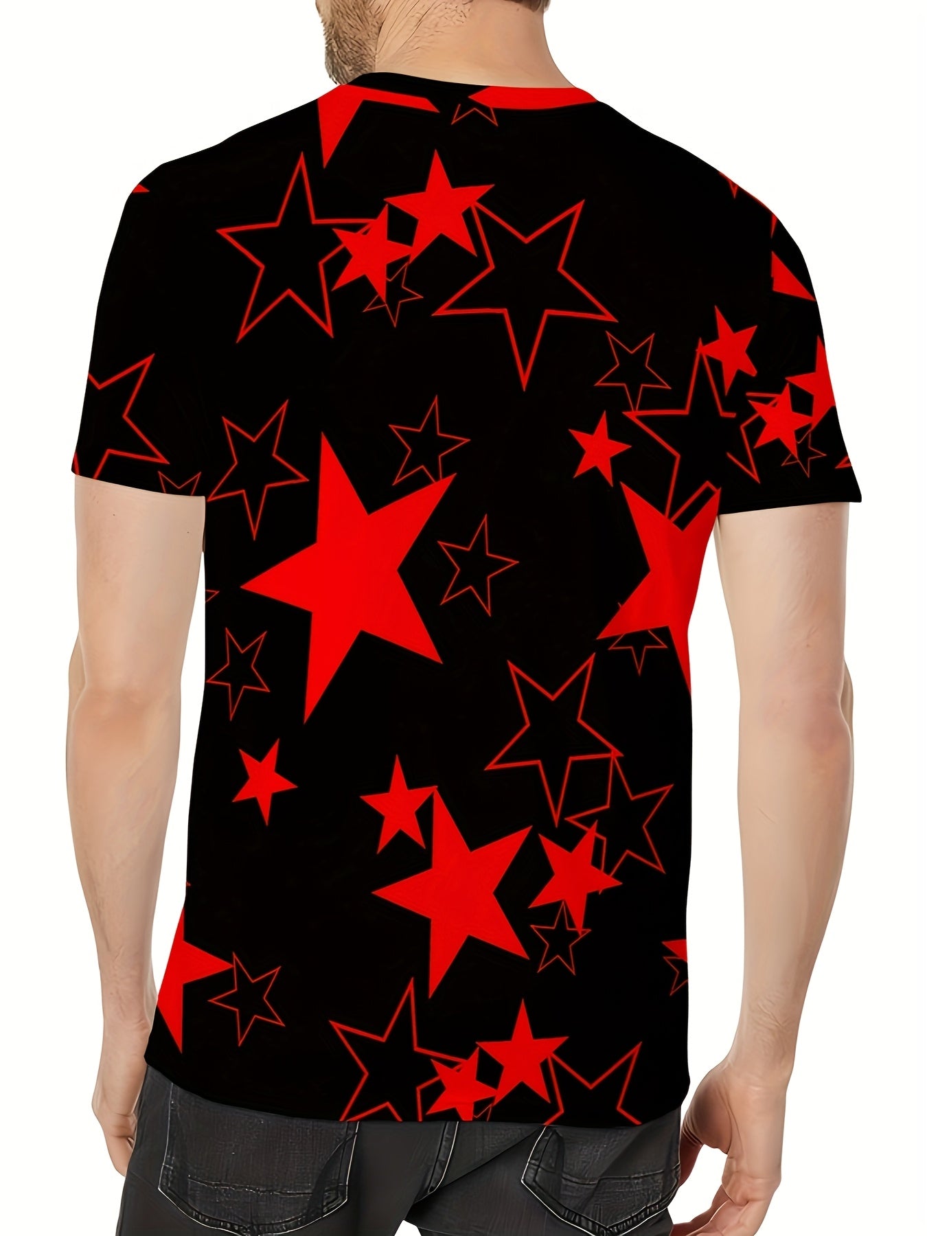 Men's Allover Color Blocking Stars Pattern Short Sleeve Crew Neck T-shirt For Summer, Casual Stylish Tee As Gift