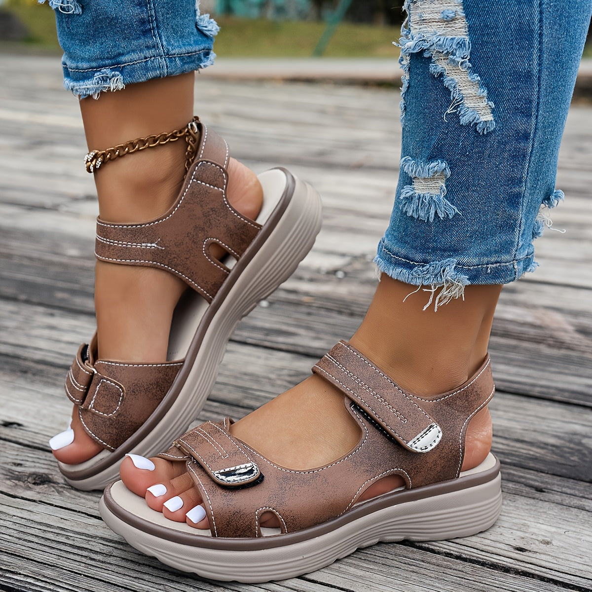 Non Slip Women's Platform Open Toe Sandals, Solid Color Ankle Buckle Strap Casual Outdoor Shoes