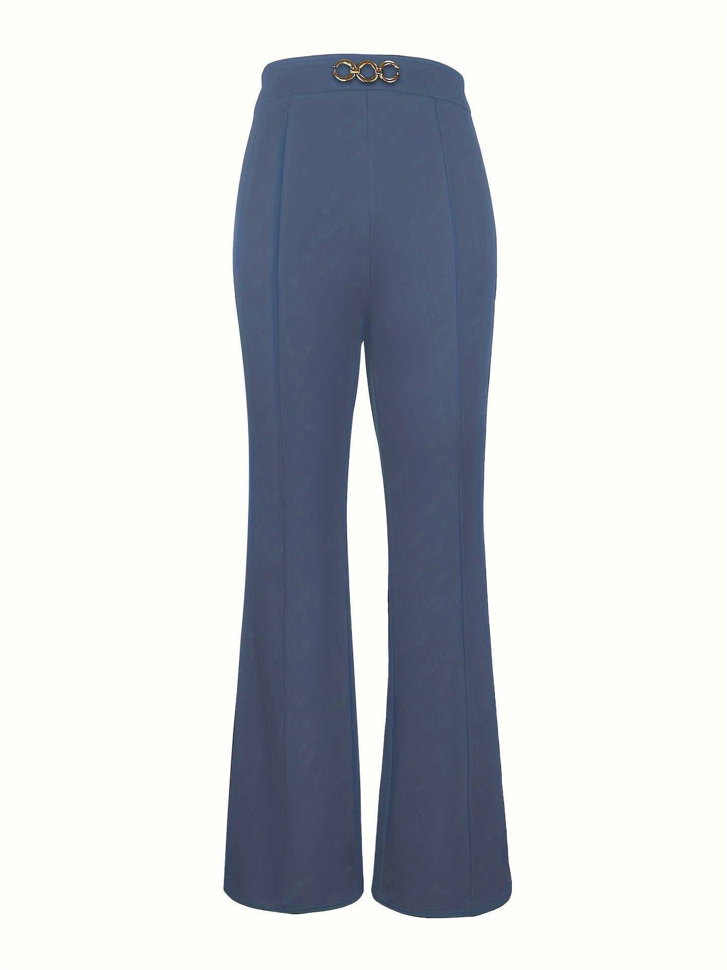 Elegant Navy Blue High-Waist Straight Leg Pants with Golden-Tone Metal Button Detail - Versatile & Chic Women's Workwear, 100% Polyester/Spandex Blend, Machine Washable