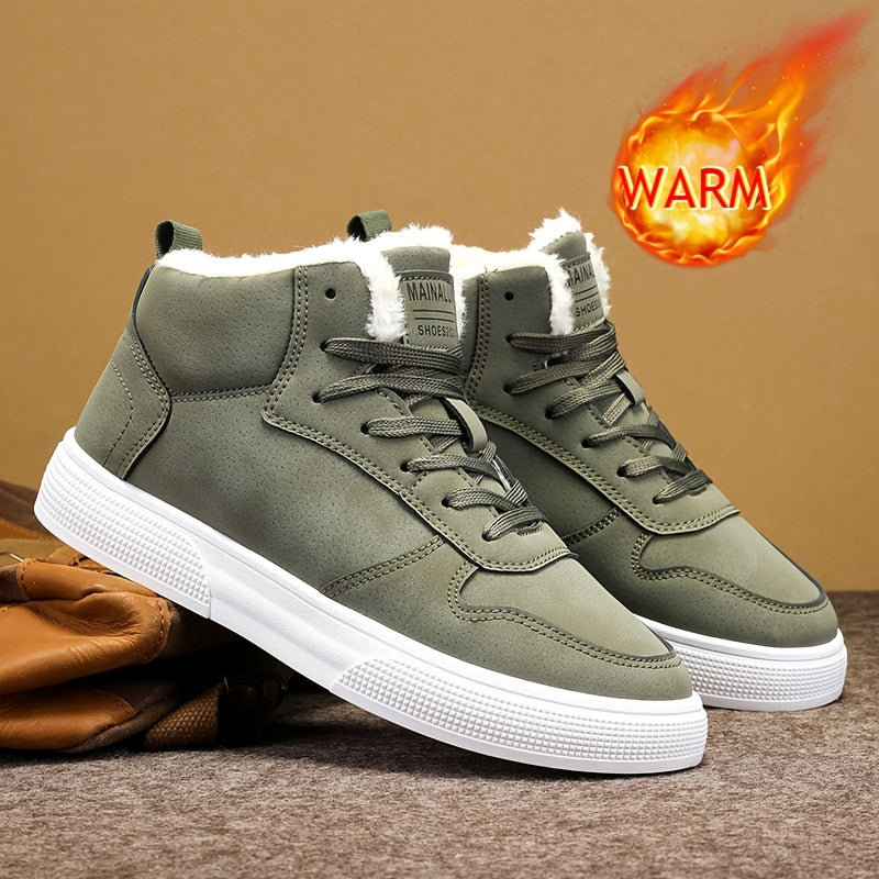 Men's Mid-Top Lace-Up Boots with Warm Plush Lining for Comfortable Winter Outdoor Street Walking and Strolling, Winter Boots