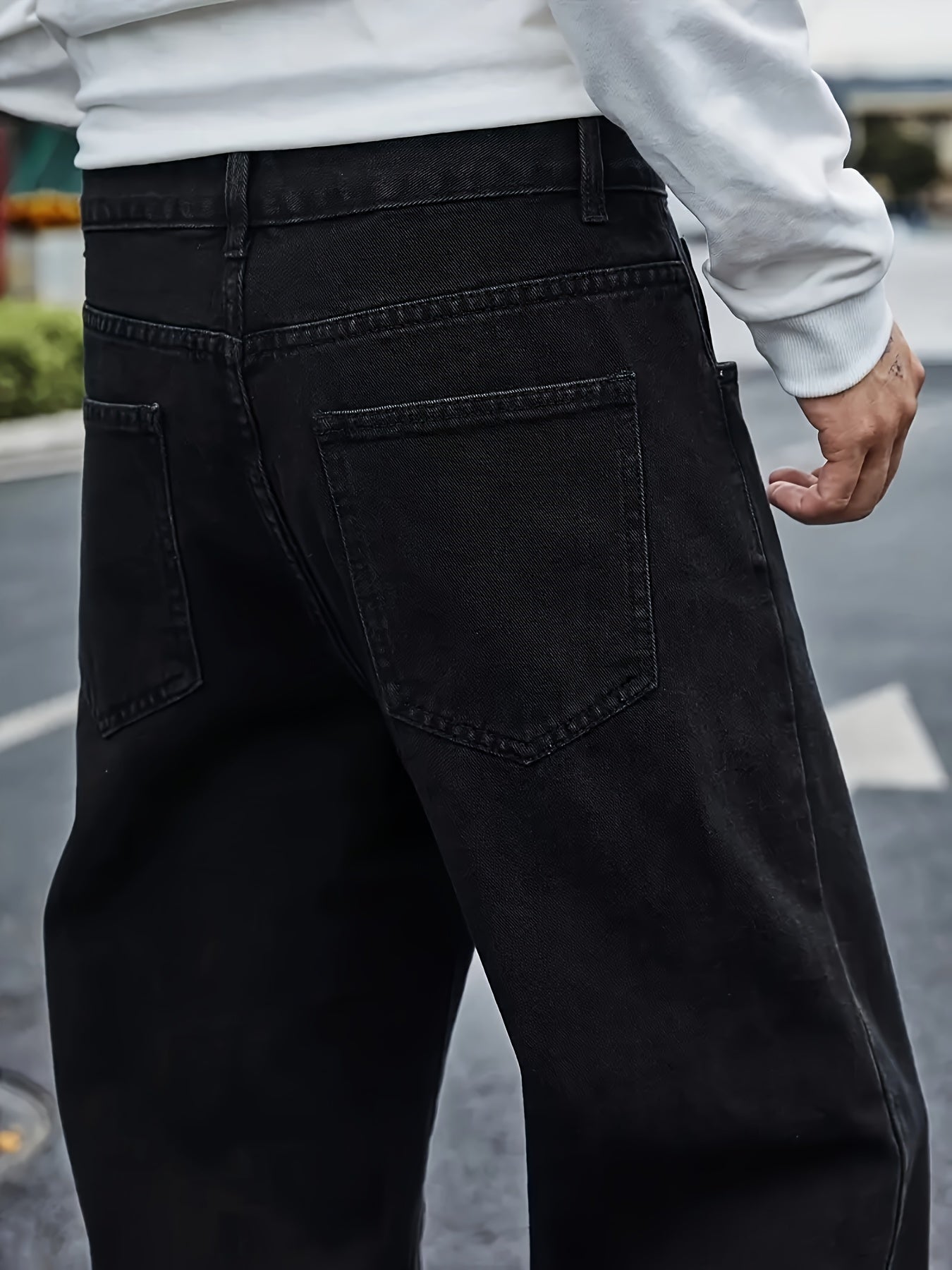 Men's Classic Straight Leg Denim Jeans - Loose Fit, Cotton Blend, Solid Color Black, Street Style, Comfortable & Versatile for All Seasons, Casual Streetwear|Street Style Pants|Nonstretch Fabric