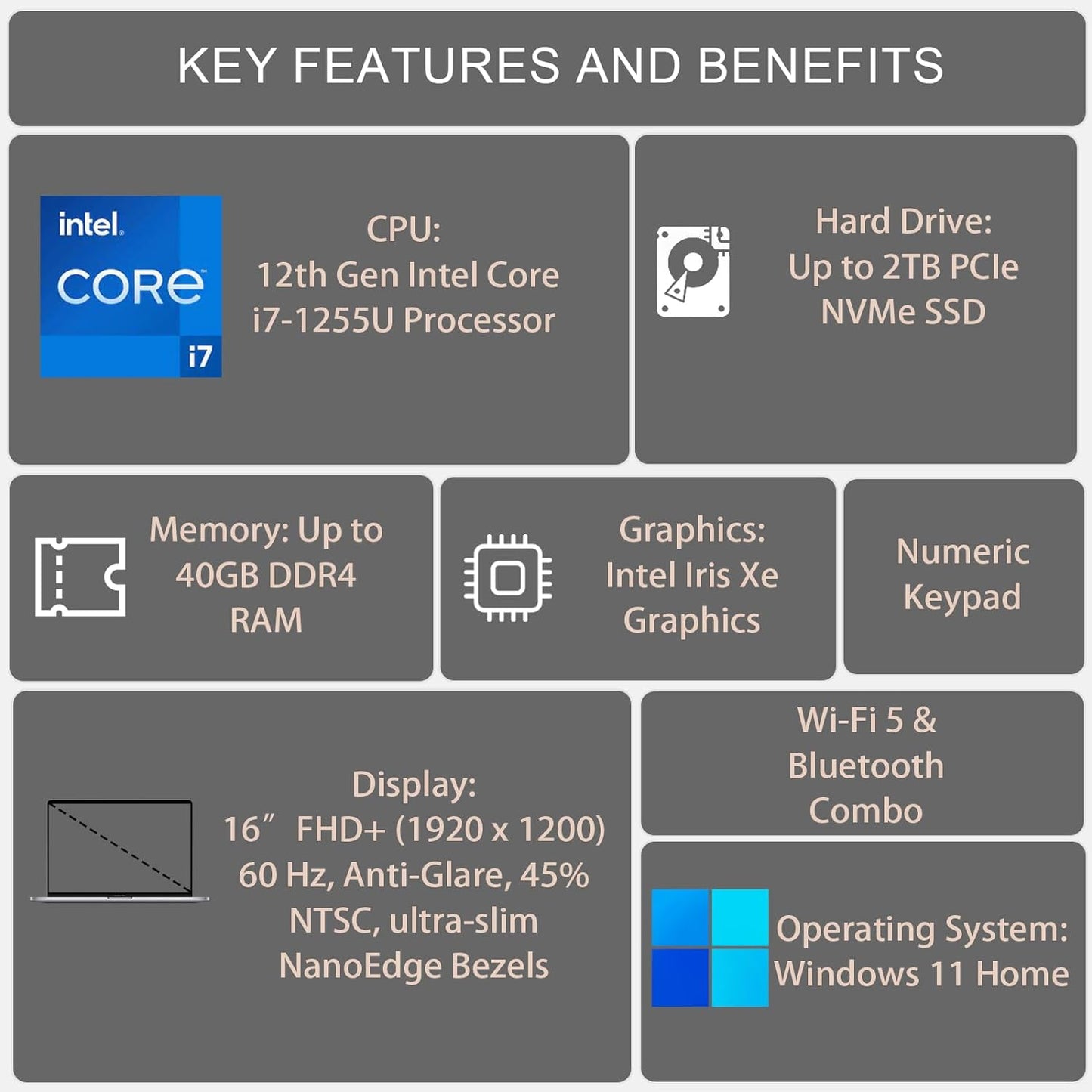 ASUS Vivobook Laptop, 16" FHD+ (1920 X 1200) Display, Intel Core I7-1255U Processor, 40GB RAM, 2TB SSD, Webcam, HDMI, Wi-Fi, Windows 11 Home, Black