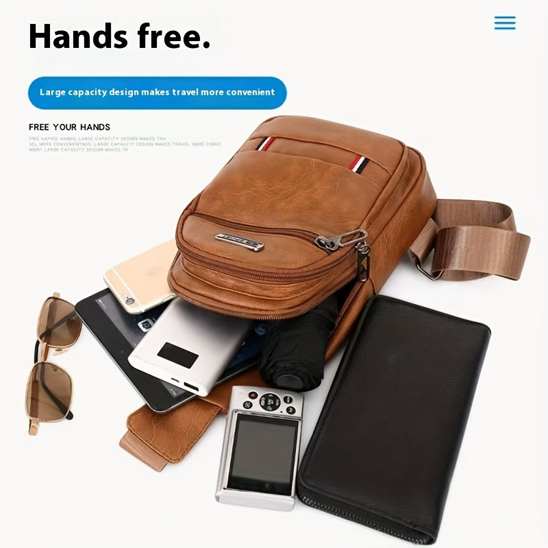 Men'S Vintage Faux Leather Chest Bag - Crossbody Sling Style, Multi-Layer Zippered Front, Brown with Red White Stripes, Perfect for Casual Outings, Crossbody Bag, Secure Zipper Closure