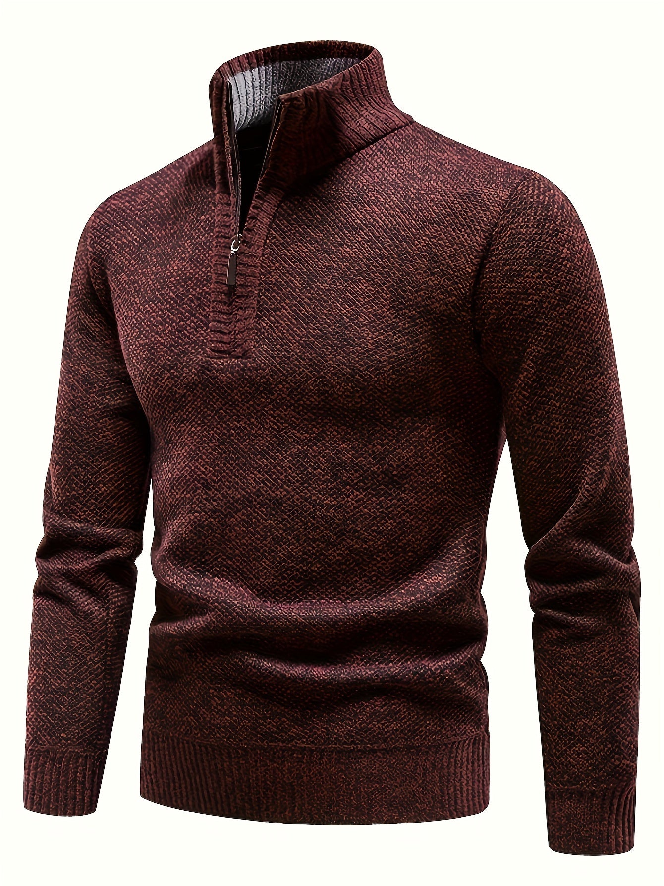 Men's Fleece-Lined Warm Knit Sweater - Autumn/Winter, Solid Color with Stand Collar & Short Zipper Placket, Long Sleeve, Polyester - Ideal for Hiking, Cycling & Casual Attire, Winter Sweater