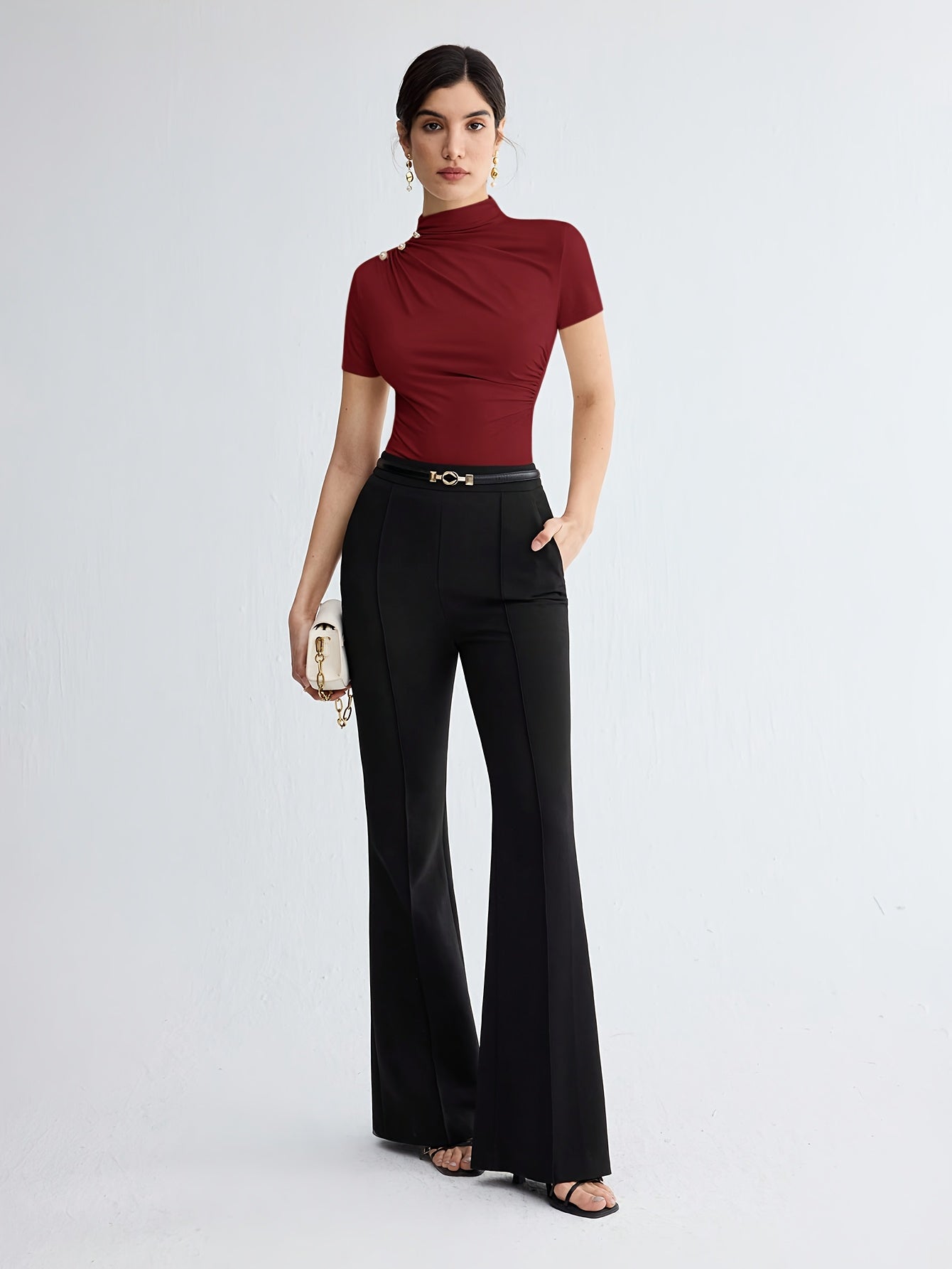 Elegant White Short Sleeve Turtleneck Top with Button Detail - Versatile Summer Blouse for Women, Casual Attire|Minimalist Style|Sleek Fit