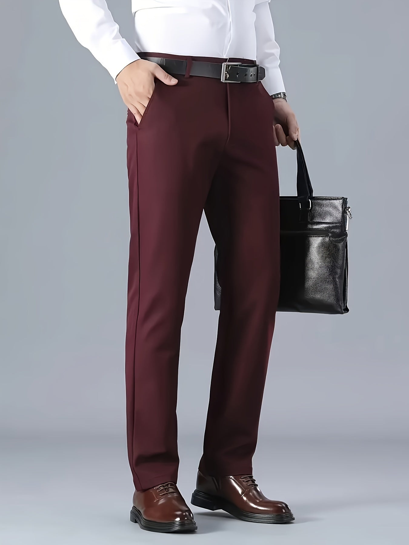 Men's Solid Color Business Casual Pants, Lightweight Business Style Versatile Trousers for Office