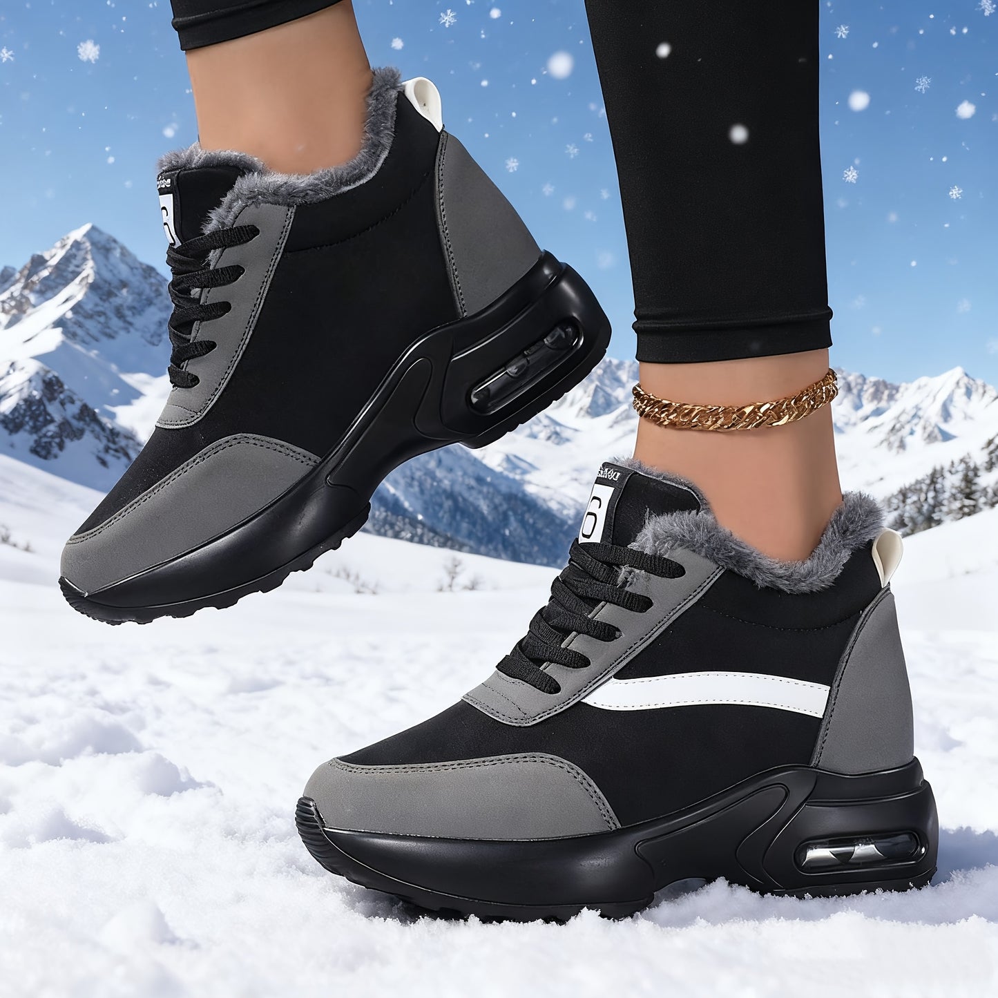 SOSENFER Women'S Winter Sneakers with Plush Lining - Low-Top Lace-Up Casual Shoes, Synthetic Cover Upper & Faux Sole, Machine Washable, Black & White Design for Casual Attire, Ladies Sneakers, Comfortable Footwear, Durable Tr