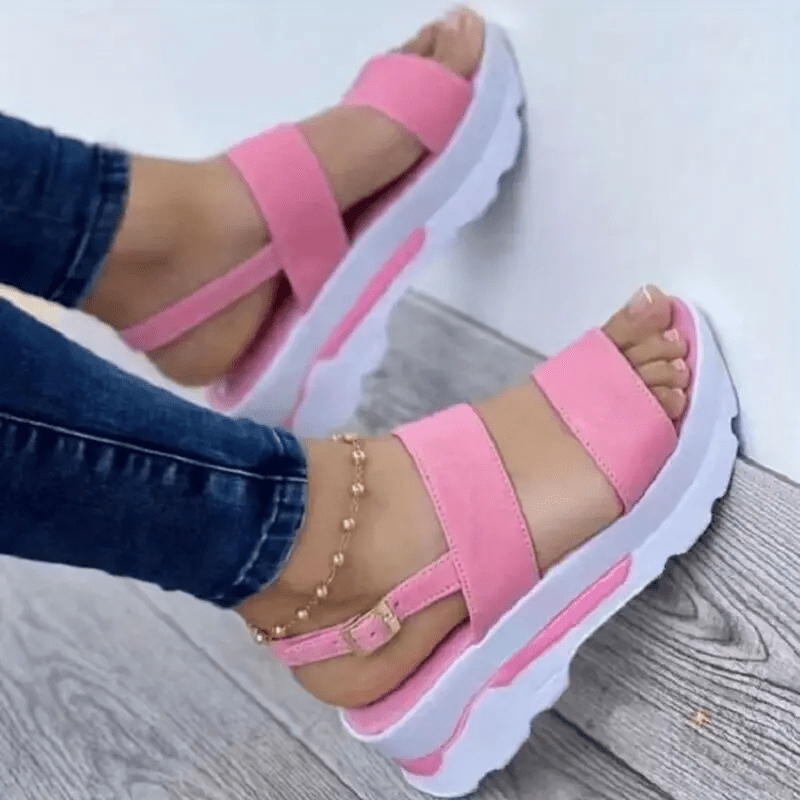 Mhysa Women's Comfortable Open-Toe Platform Sandals with Thick Sole & Golden Buckle Strap - Summer Casual White PU Cover Ankle Strap Sandals for Casual Attire, Ladies Sandals