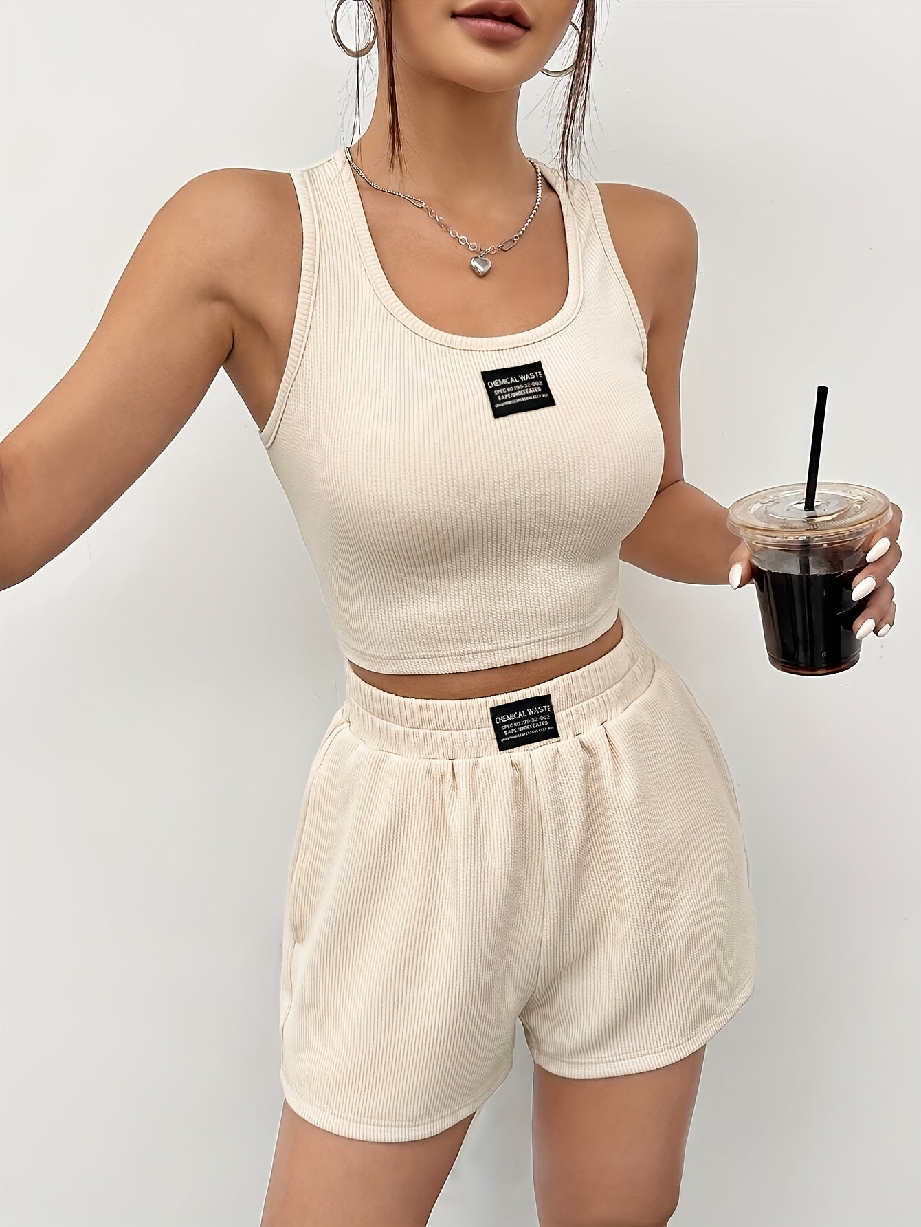 All-Season Chic, Elegant Women's Knit Tank Top and Shorts Set, Solid Color Polyester with Elastane, Machine Washable