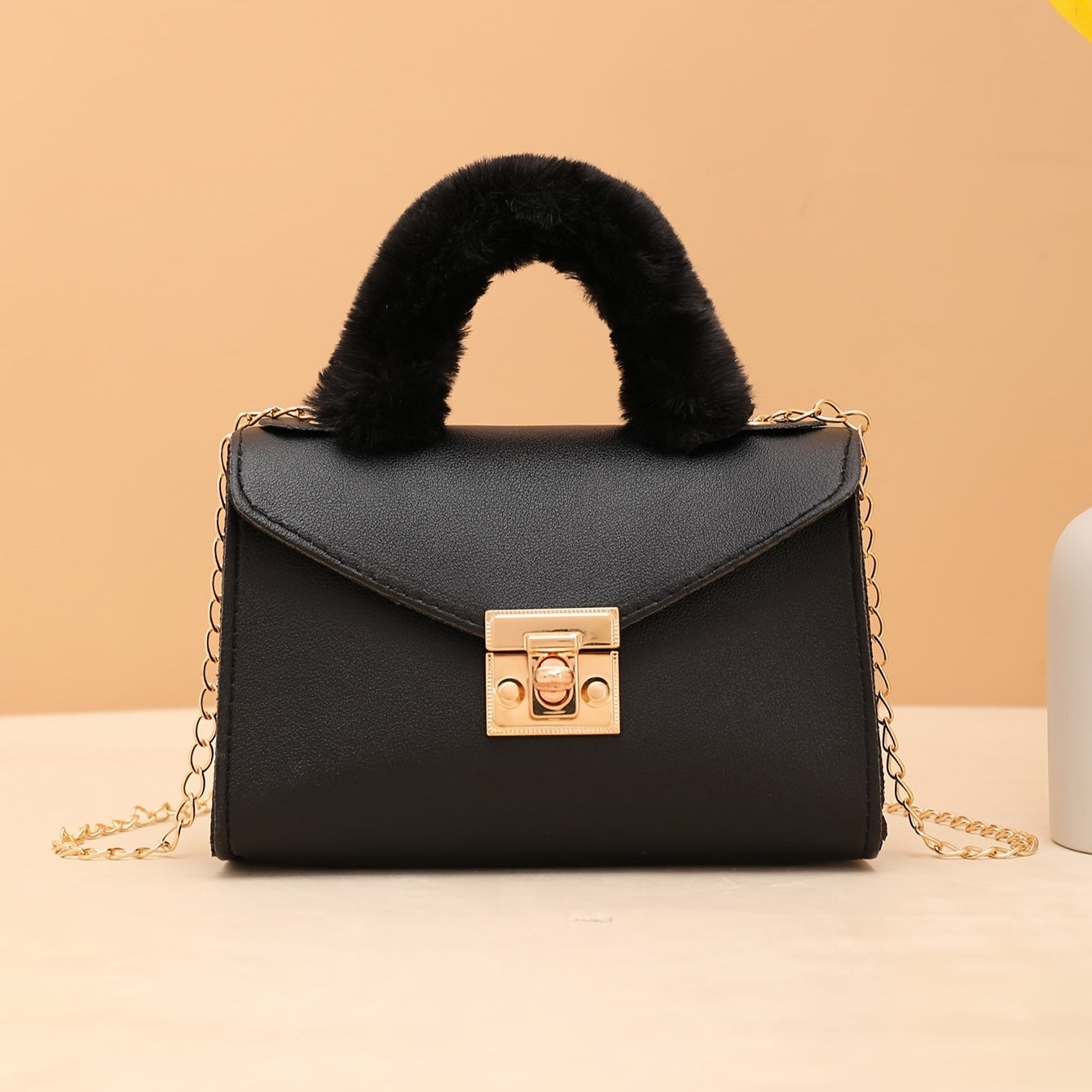 1pc Elegant Crossbody Bag with Soft Plush Handle, Solid Color Casual Messenger Bag with Removable Strap and Turn-Lock Closure for Daily Use, Small Crossbody Bag