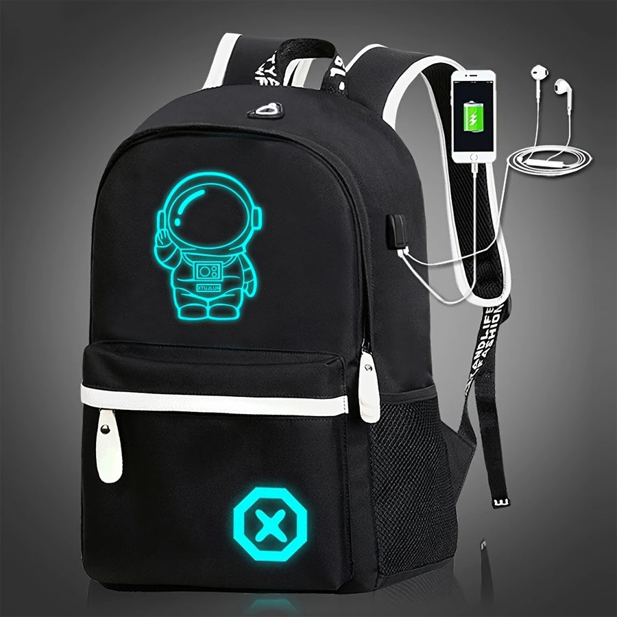 Glow-in-the-Dark Men's Backpack - Stylish & Lightweight, Large Capacity Oxford Fabric Daypack with USB Charging Port for Daily Commute, Campus, Cartoon, High School