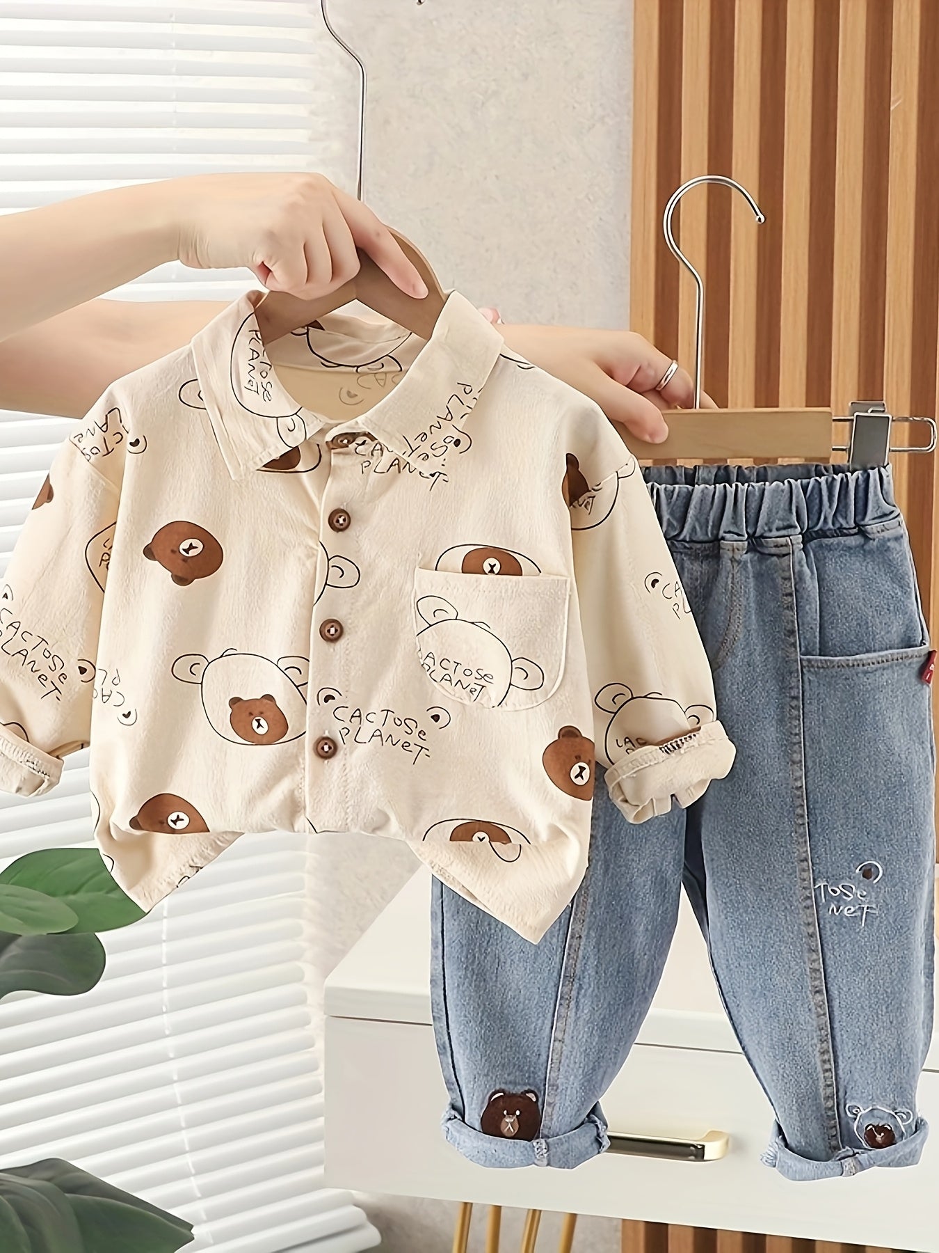 Boys' Bear Print T-shirt + Jeans Set 2pcs Combination, Versatile and Fashionable Casual Daily and Festival Wear, Perfect for Outdoor