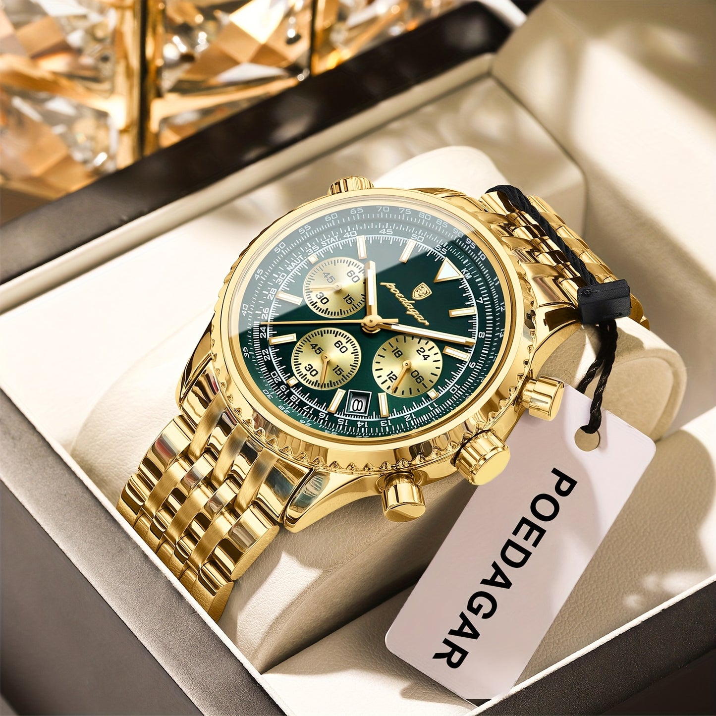 POEDAGAR Men's Luxury Stainless Steel Watch, Chronograph, Calendar, Date Display, Green Dial with Black Bezel & Roman Numerals, Quartz Movement, Casual to Business Style, Suitable for Women