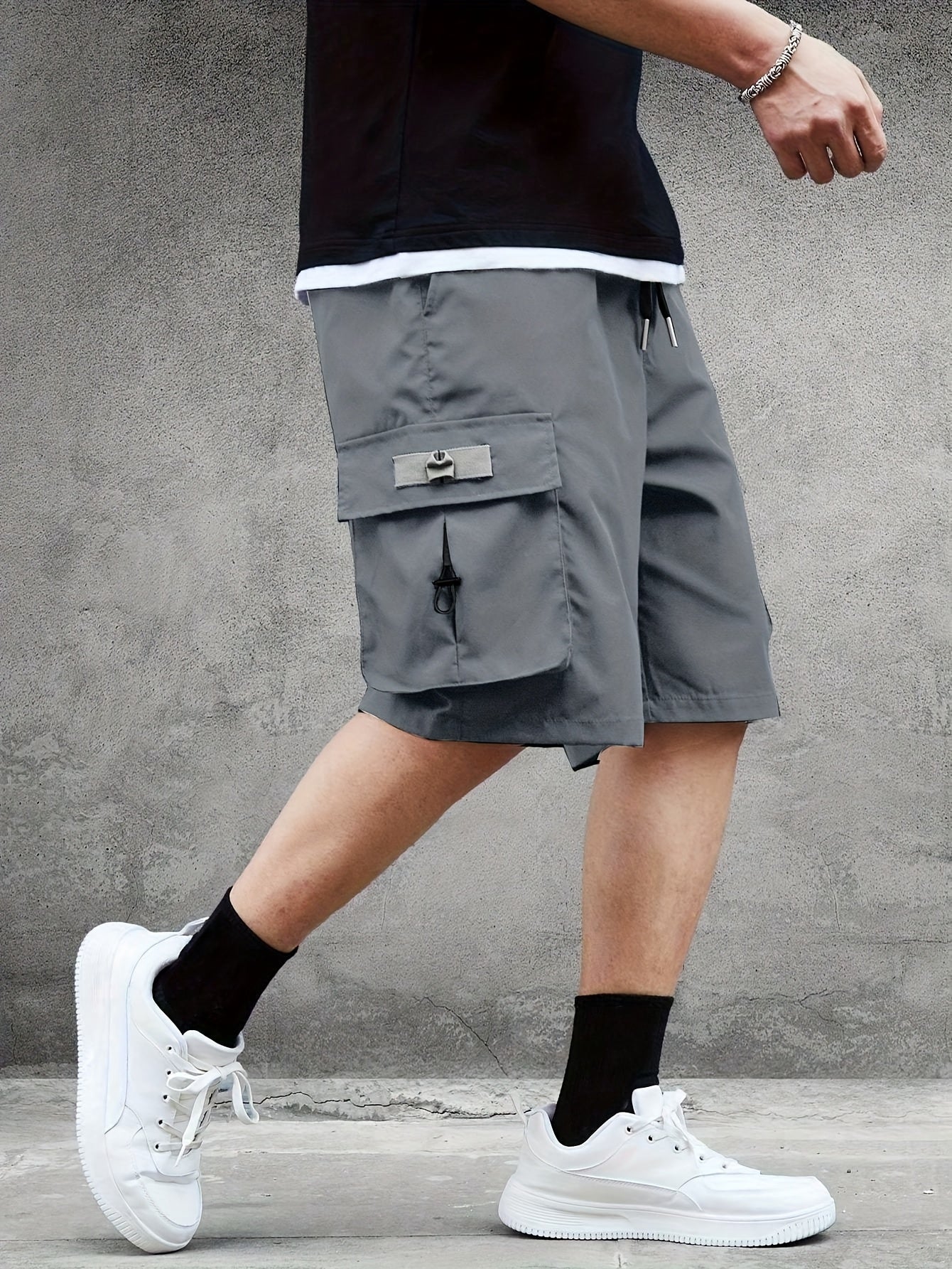 Men'S American Work Shorts, Casual, Solid Color, Loose Fit, Polyester, Woven, with Large Capacity Pocket and Personality Drawstring Design