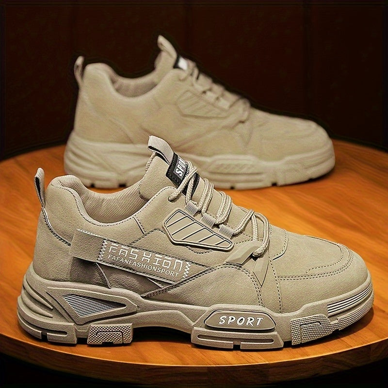 Men's Olive Green Chunky Sneakers - Stylish Outdoor Motorcycle Boots with Thick Sole, Lace-Up Design, and "SPORT" Print for Hiking, Casual Wear, and Everyday Use, Outdoor Hiking Boots | Modern Casual Sneakers | Pu Upper Sneak