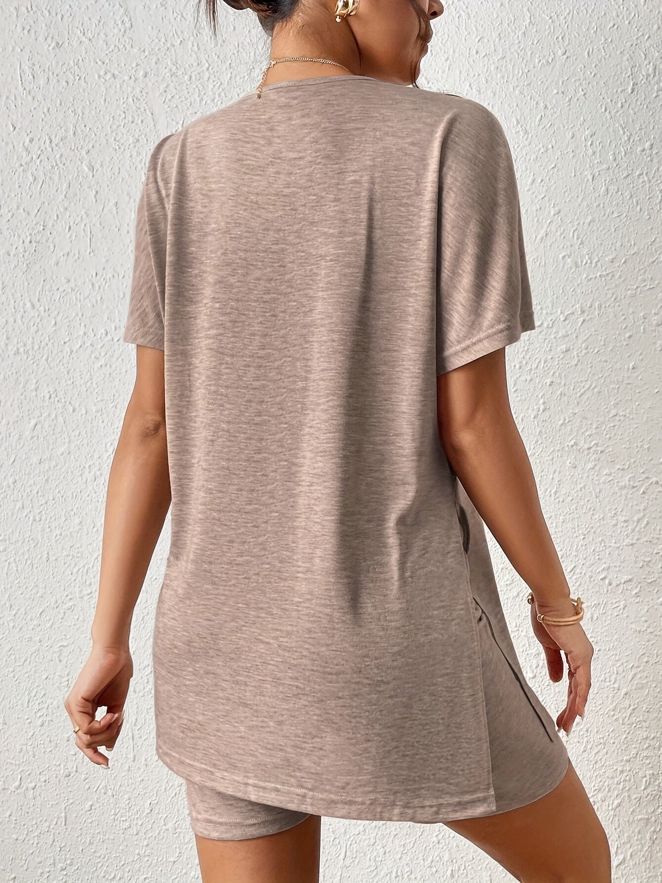 Casual Solid Color Comfortable Two-Piece Set, Bat Sleeve Round Neck Slit T-Shirt and Tight Shorts, Women's Clothing
