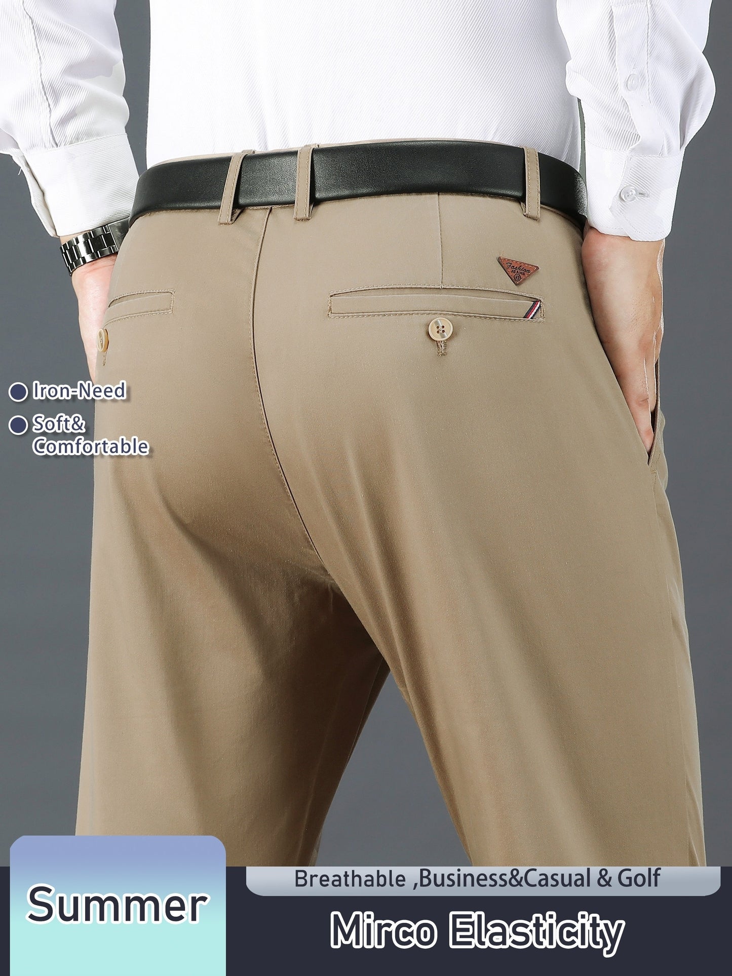 Men's Solid Color Straight Leg Business Style Cotton Blend Pants, Casual Comfy Breathable Outdoor Trousers As Gift
