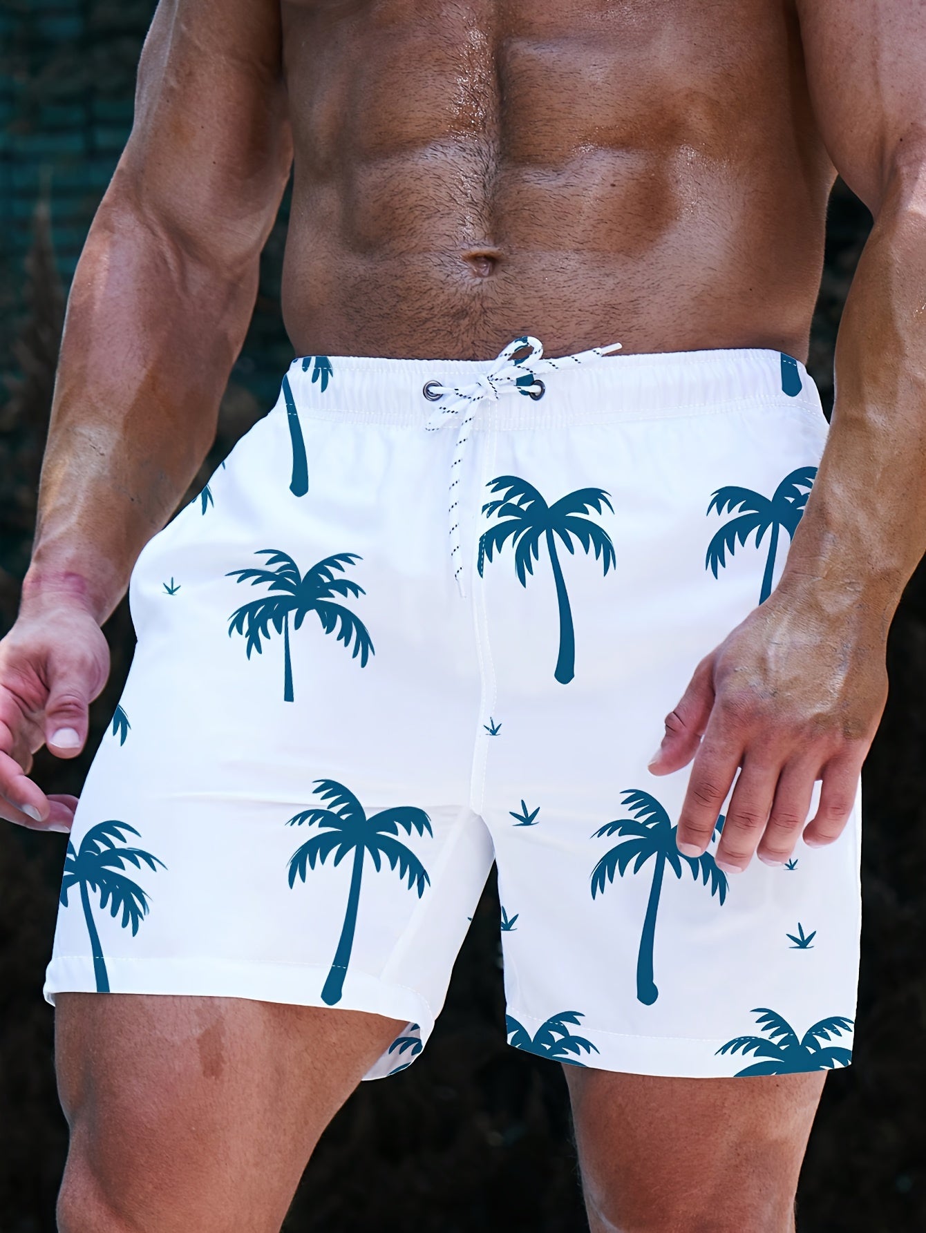 Men's Quick-Dry Swim Trunks with Palm Tree Design - Casual, Breathable Polyester Beach Shorts with Pockets, Elastic Waistband & Drawstring for Summer, Pool, & Outdoor Activities