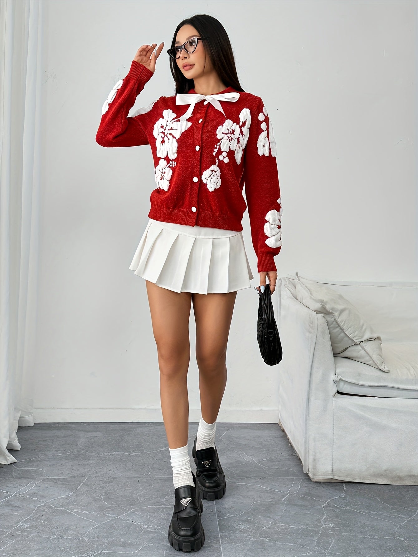 Women'S Red Sweater - Long Sleeve Button-Front Cardigan with Elegant Loose Fit, Round Neck Winter Sweater for Everyday & Formal Outfits, Non-Transparent Fall/Winter Sweater for Casual Formal Events, Winter Sweater, Seasonal F