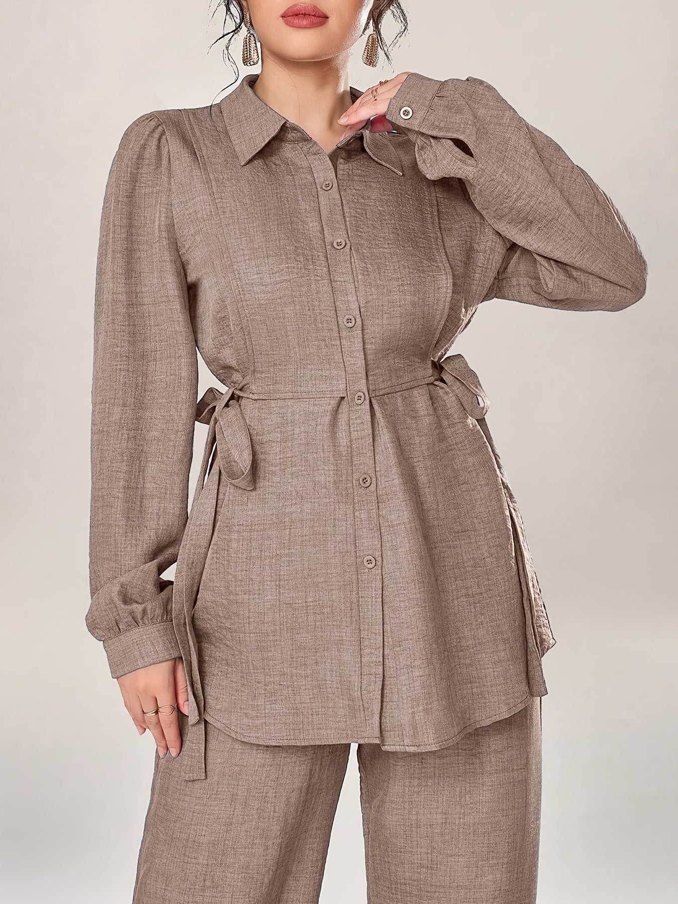 Stylish and Elegant Casual Two-Piece Women's Outfit with Side Tie Single-Breasted Shirt and Wide-Leg Pants for Office Wear