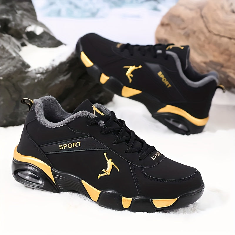 Men's Air Cushion Casual Sneakers - Fleece-Lined Thick Warm Inner PU Upper, Unisex Women Boots, Hiking Shoes, Outdoor Running Snowboots- Geometric Design with Lace Closure for St. Patrick’s Day Halloween Christmas