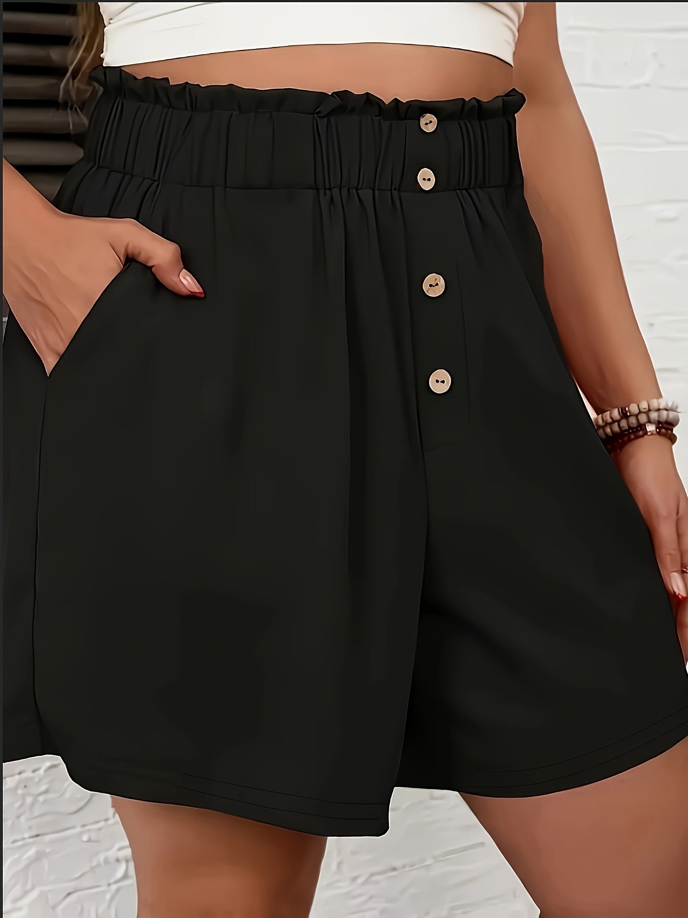 Elegant High-Waist Women's Casual Shorts - Chic Black with Button Detail, Comfy Polyester Blend, Perfect for Summer