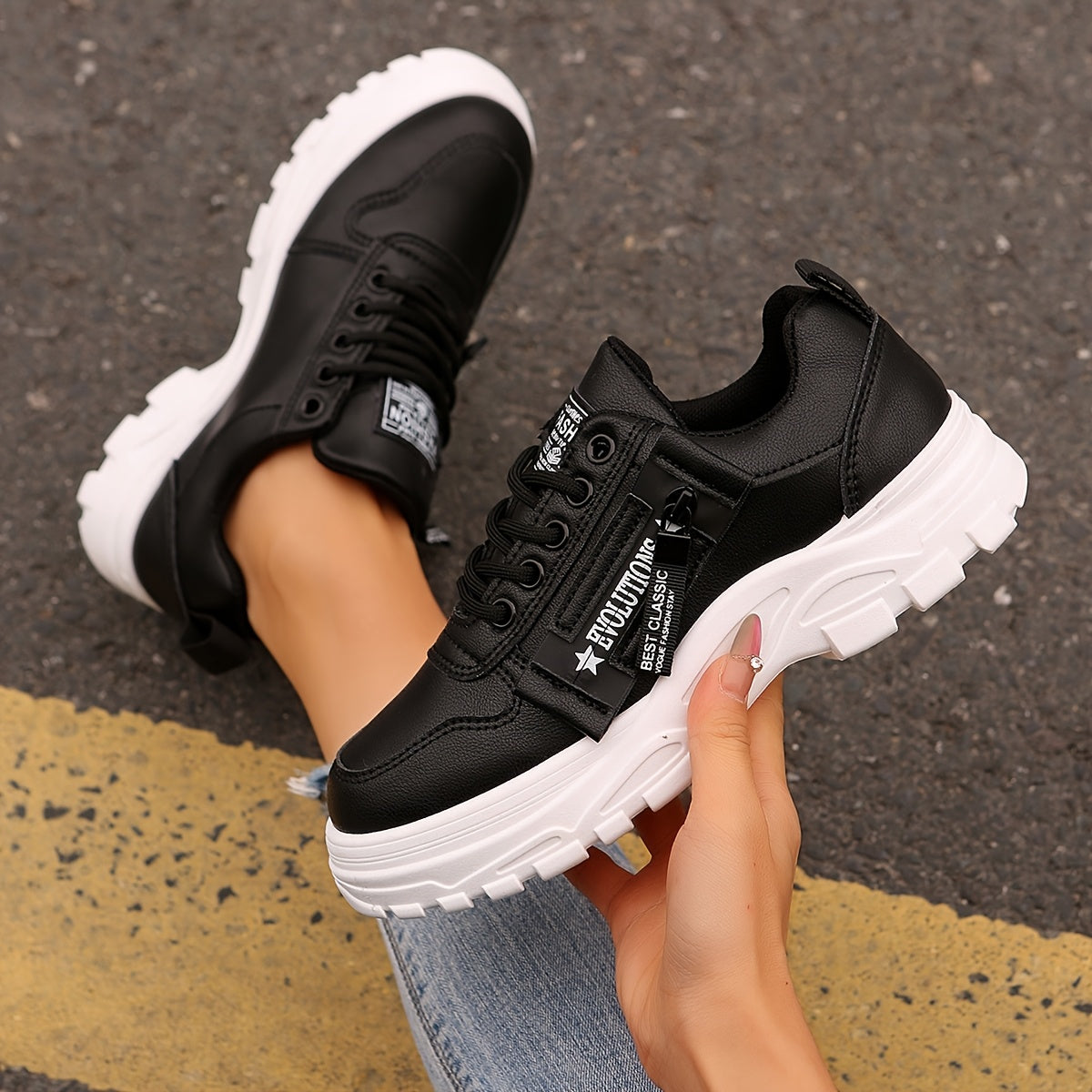 Women'S Breathable Knit Sneakers - Lightweight Thick Sole Casual Walking Shoes in White Black, Synthetic Cover Upper with Rubber Outsole, Lace-Up Low-Top Design for Indoor/Outdoor, Travel, Beach Shopping - Cute Gift for M
