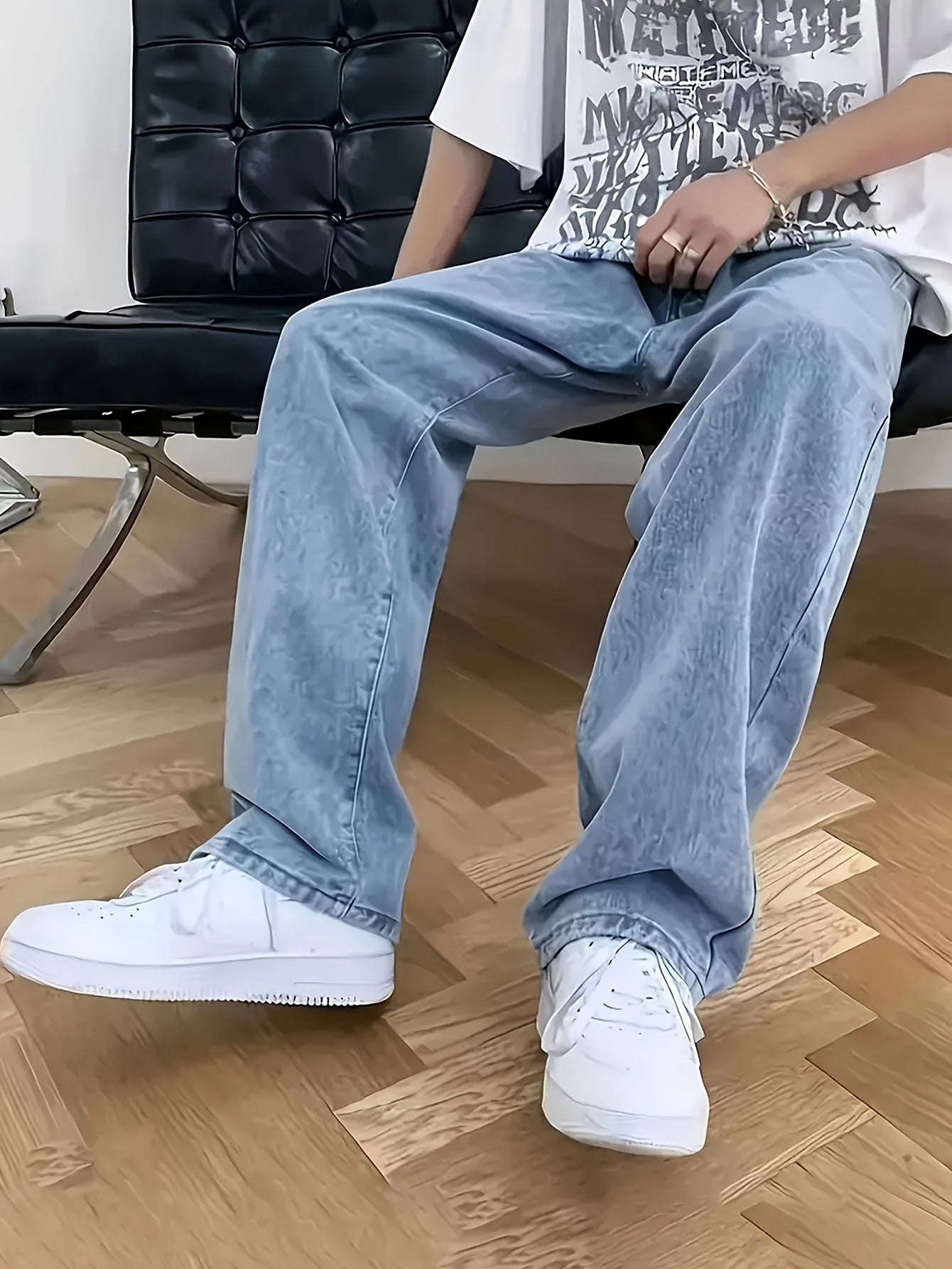Men'S Casual Loose Fit Denim Jeans, 65% Cotton 35% Polyester, All-Season Solid Color Washed Fabric, Non-Stretch Woven Regular Length Pants