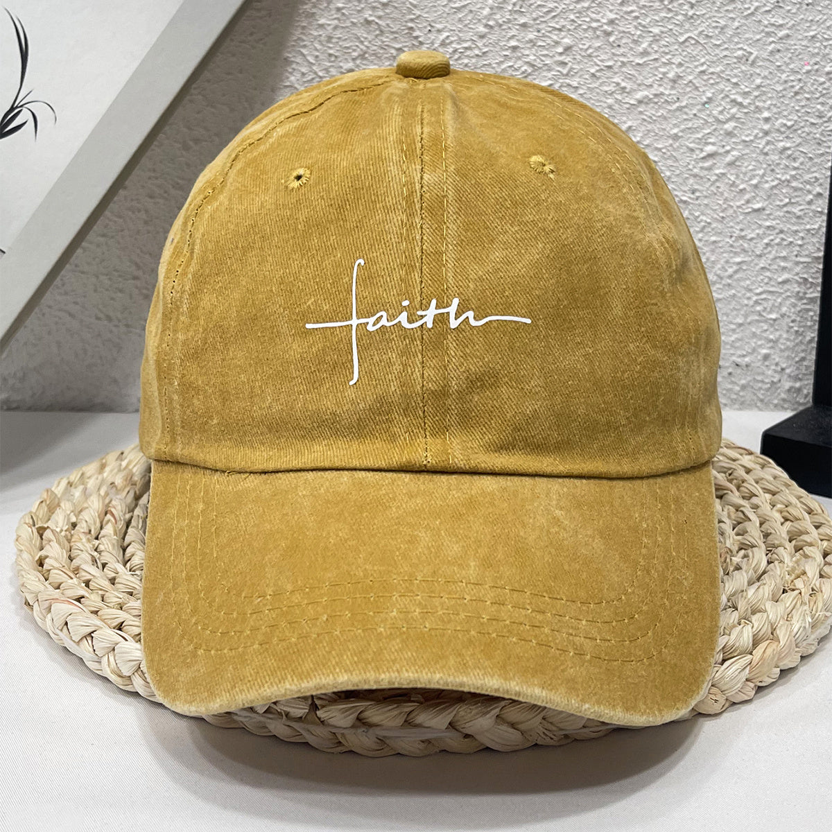 Vintage Street Style Water Wash Denim Polyester Baseball Cap, Faith Print, for Men, Women