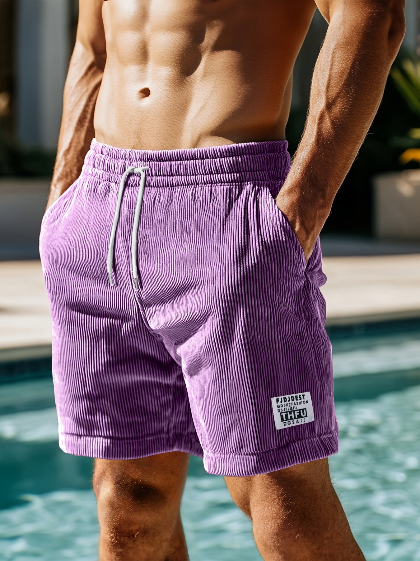 Men's Casual Corduroy Shorts with Drawstring Waist, Side Pockets, and "California" Print - Black, Polyester, All-Season Wear for Outdoor Activities