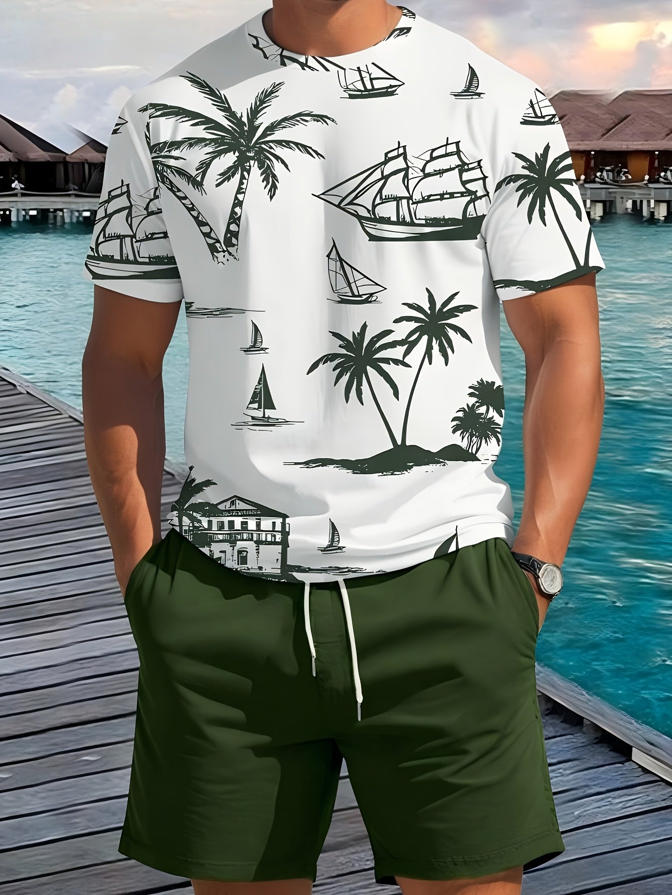 2pcs Summer Casual Everyday Men'S Short Sleeve Shorts Set Hawaiian Print Men'S T-shirt Outdoor Sports Men'S Beach Shorts