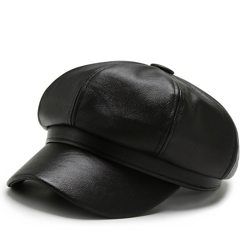 PU Leather Beanie Hat For Women, Waterproof, Round Bucket Hat With Faux Fur Pom Pom, Stylish Winter Hat For Fall/Winter/Spring
