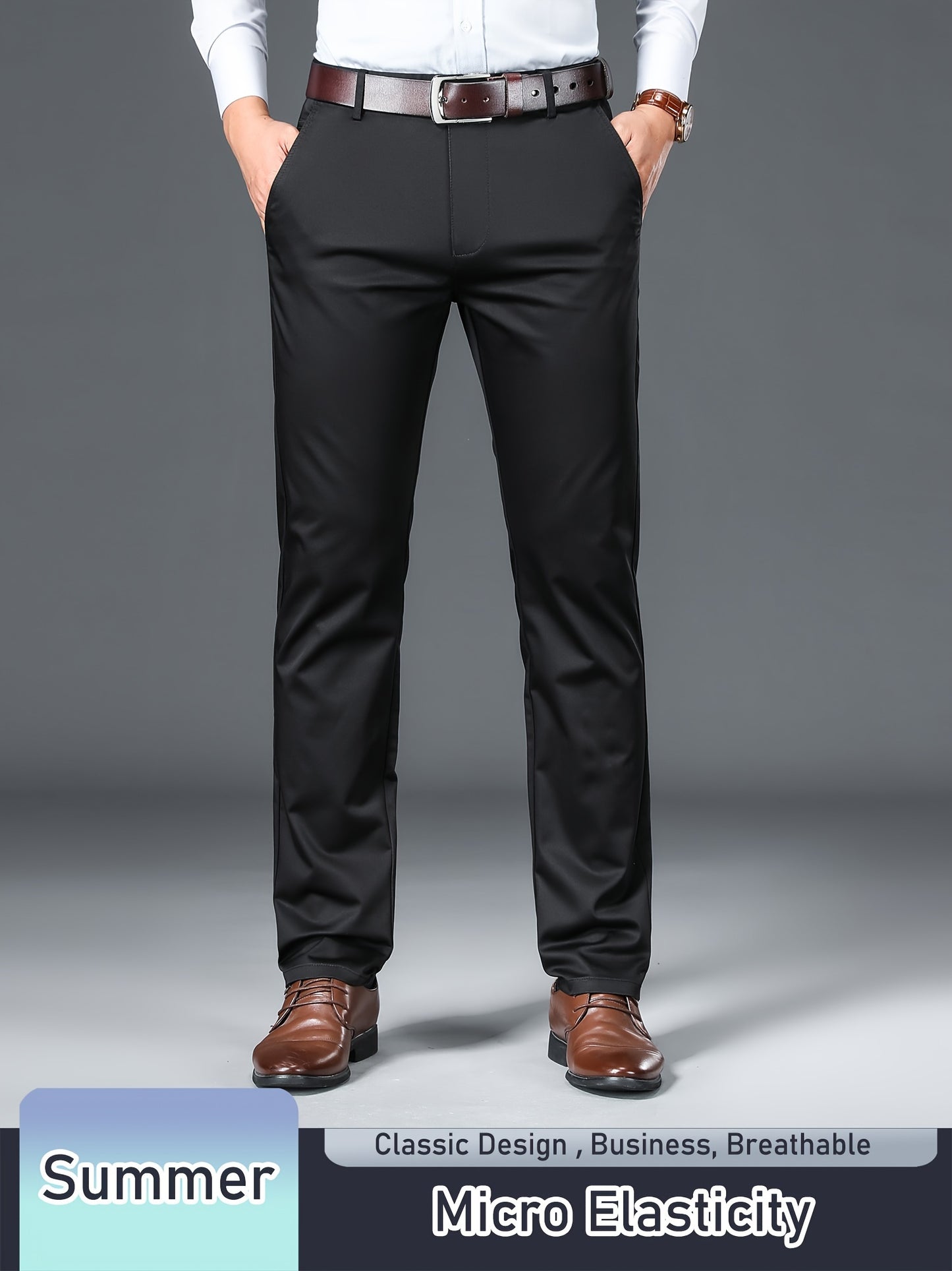 Men's Solid Pants With Pockets, Light Business Style Regular Fit Trousers For Outdoor Activities, Daily Wear For Spring And Autumn