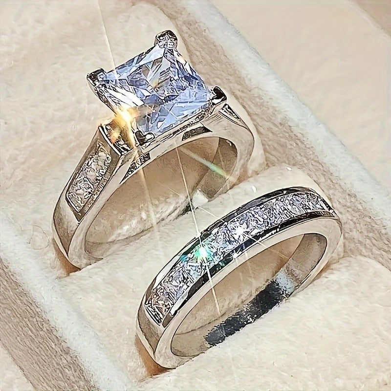 2pcs/set Fashionable Couple Jewelry Set with Shiny Square Cubic Zirconia Wedding Rings, Promise the Bride Eternal Engagement Jewelry, Classic Anniversary Valentine's Day Birthday Party Christmas Gift