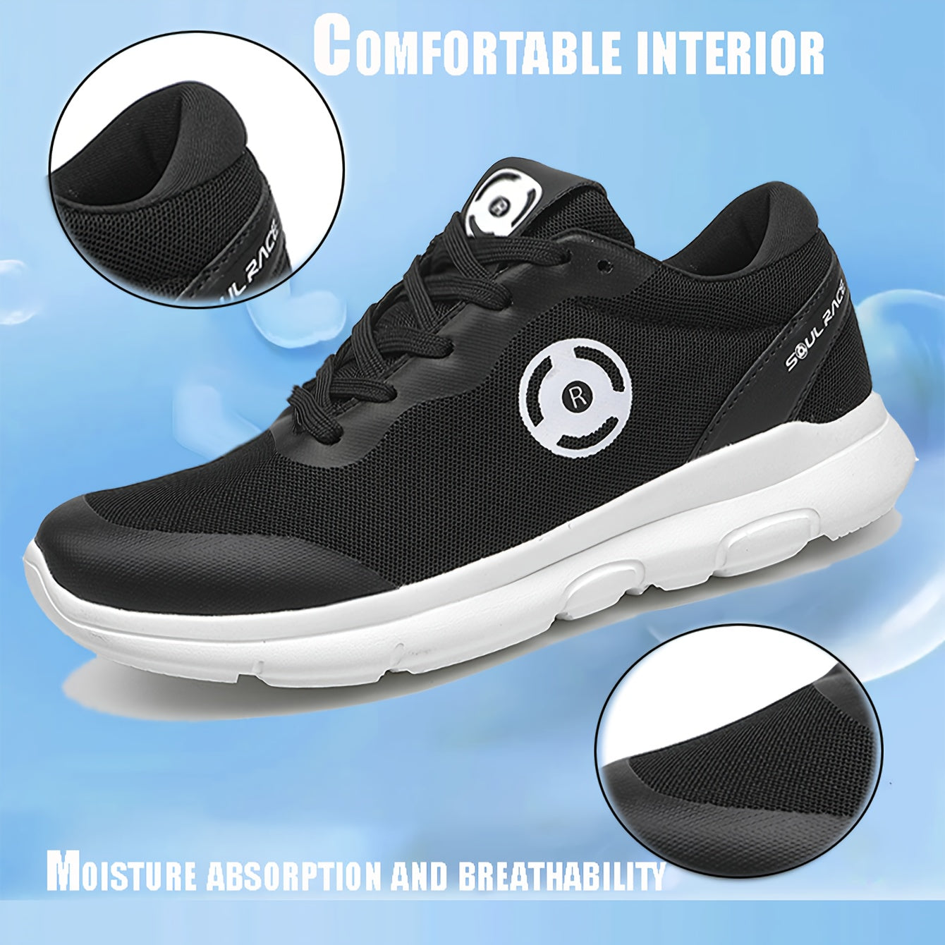Men's Lightweight Breathable Mesh Sneakers - Casual Lace-Up Running Shoes with EVA Cushioning, Black & White Design, Sizes 8-14